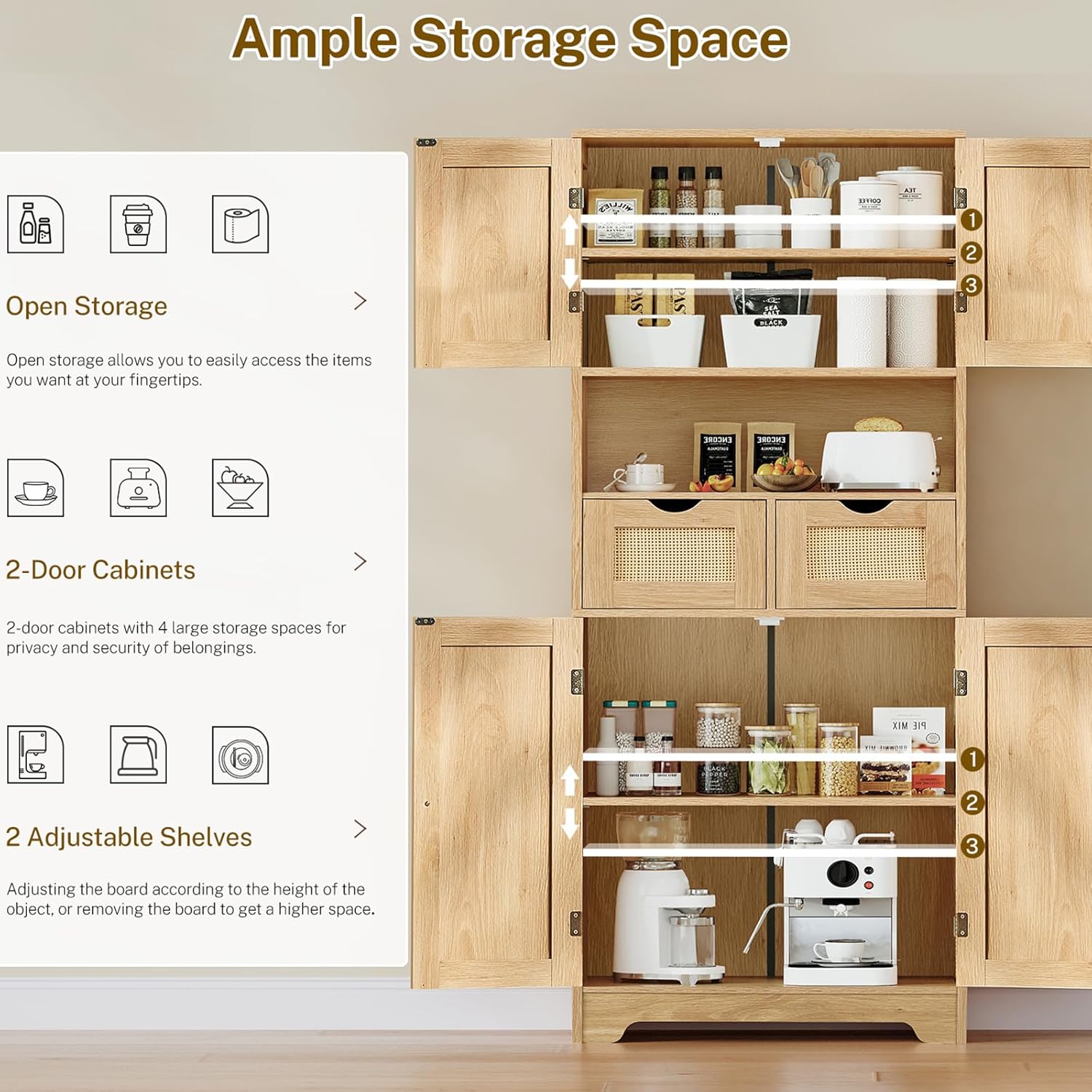 TEENFON 57.8" H Tall Storage Cabinet with 2 Drawers & 2 Adjustable Shelves, Rattan Cabinets with 4 Doors, Cupboard, Kitchen Cabinets, Pantry Cabinet, Tall Cabinet for Living Room, Entryway, Natural