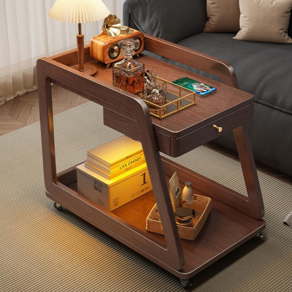 Wood End Table with Wheels, 2 Tiers Side Table with Drawer Mobile Couch Table with Open Storage Floor Bedside Table with Large Capacity Walnut for Living Room