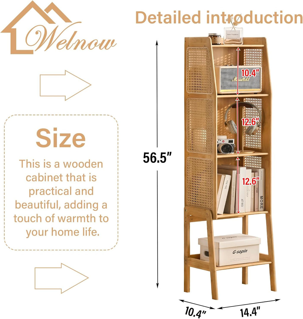 Welnow Bamboo Rattan Bookcase with Cabinet, 3-Tier Storage Shelf with Side Table & End Table Function, Large Modern Wood Organizer for Living Room or Bedroom, Natural Bookshelf