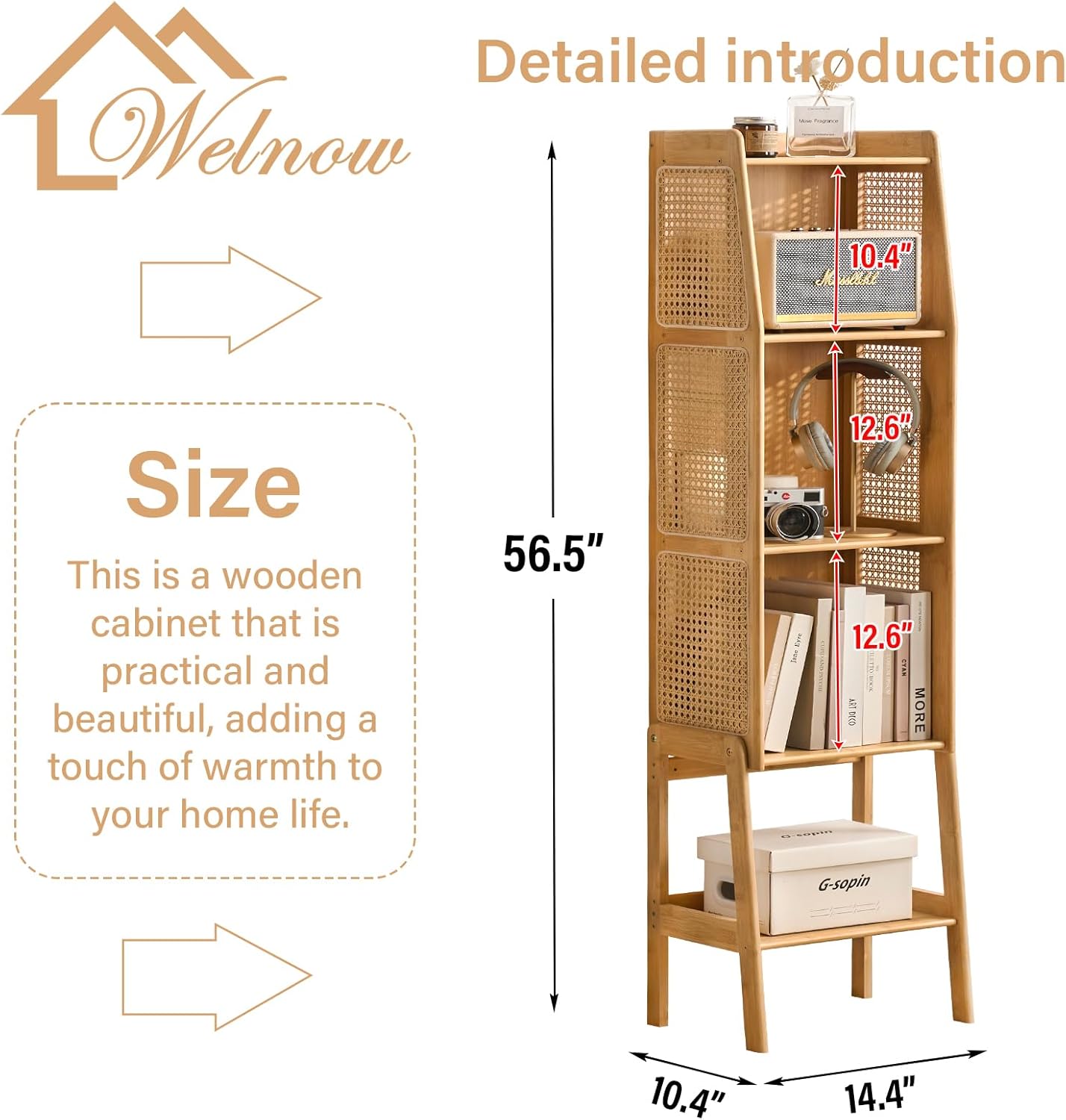 Welnow Bamboo Rattan Bookcase with Cabinet, 3-Tier Storage Shelf with Side Table & End Table Function, Large Modern Wood Organizer for Living Room or Bedroom, Natural Bookshelf