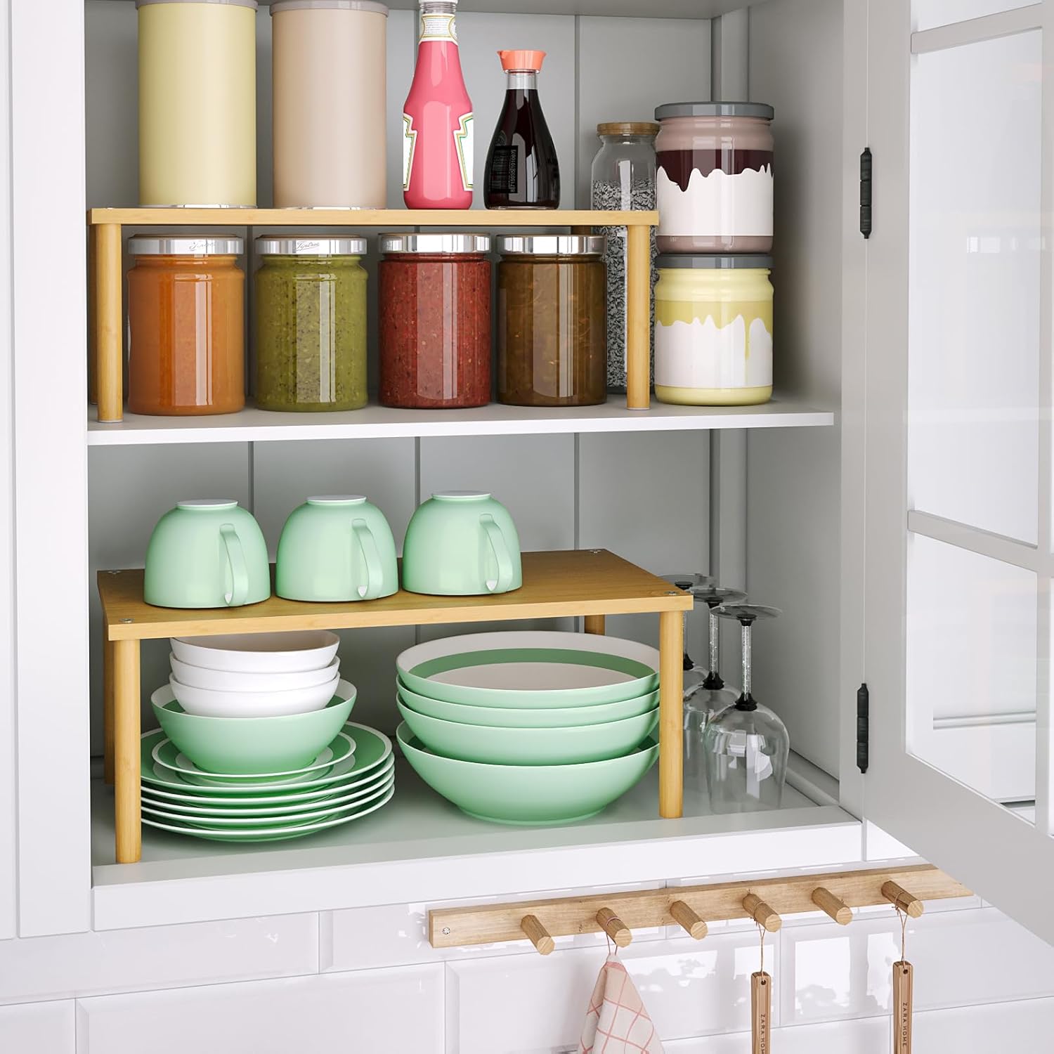 VERTORGAN Cabinet Organizer Shelf(Set of 2),Kitchen Counter Shelves,Bamboo Stackable Expandable Spice Rack Countertop(Large)