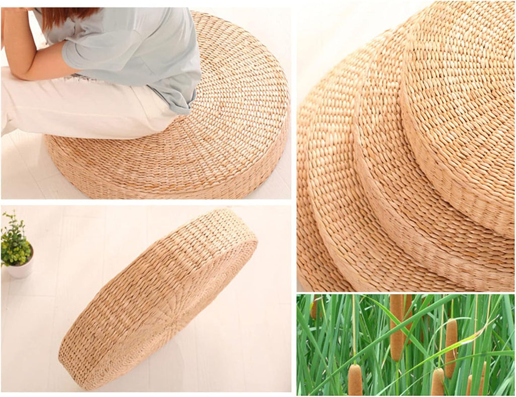 Floor Cushion, Round Braided Straw Meditation Pillow, 2" Thick Seat Cushion for Yoga, Indoor Outdoor Use, Natural Style Floor Pillow (17.3")