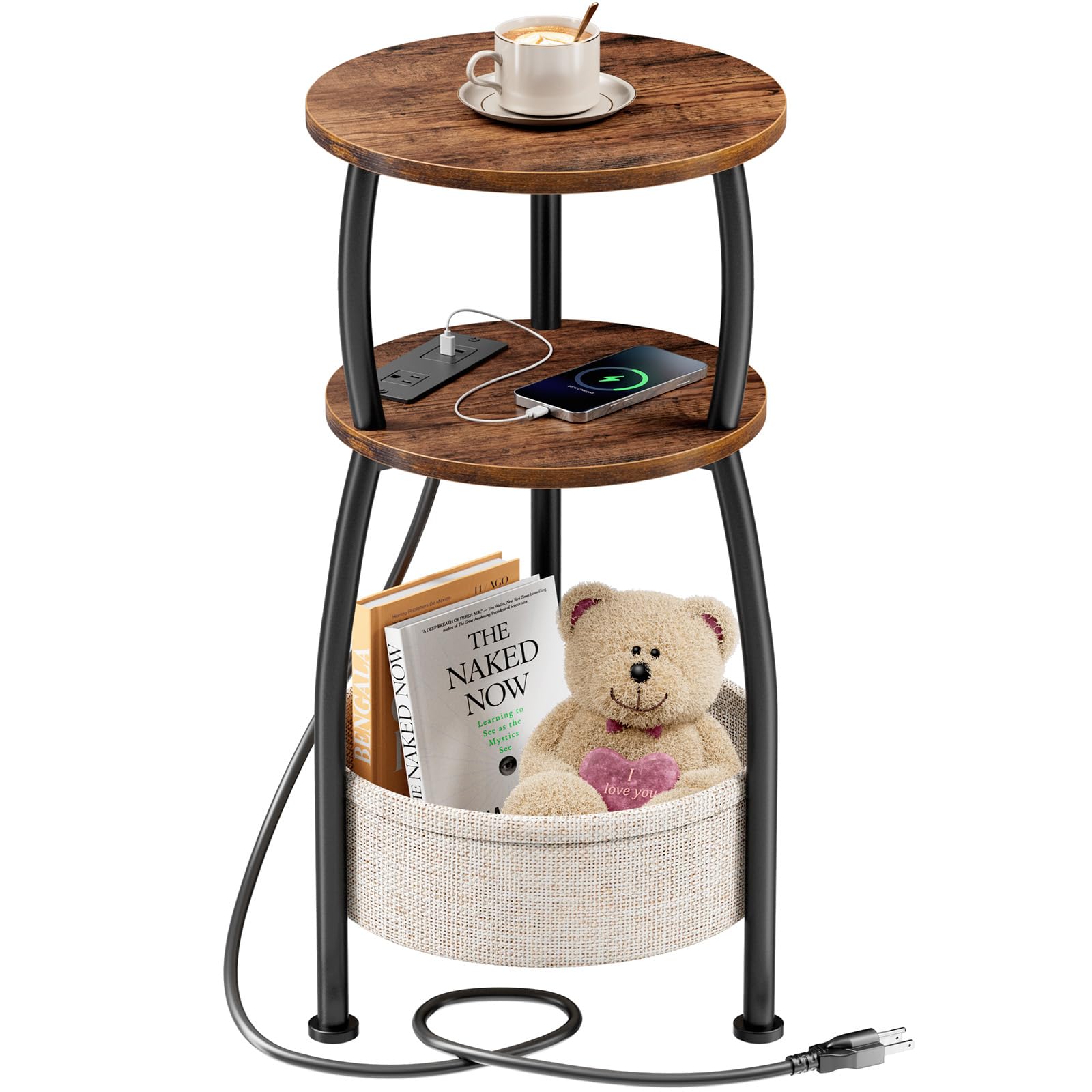 Round Side Table for Small Spaces with Storage Basket –Small End Table 3-Tier Night Stand Sofa Corner Table for Living Room, Bedroom, Patio and More 24in Tall Rustic Brown