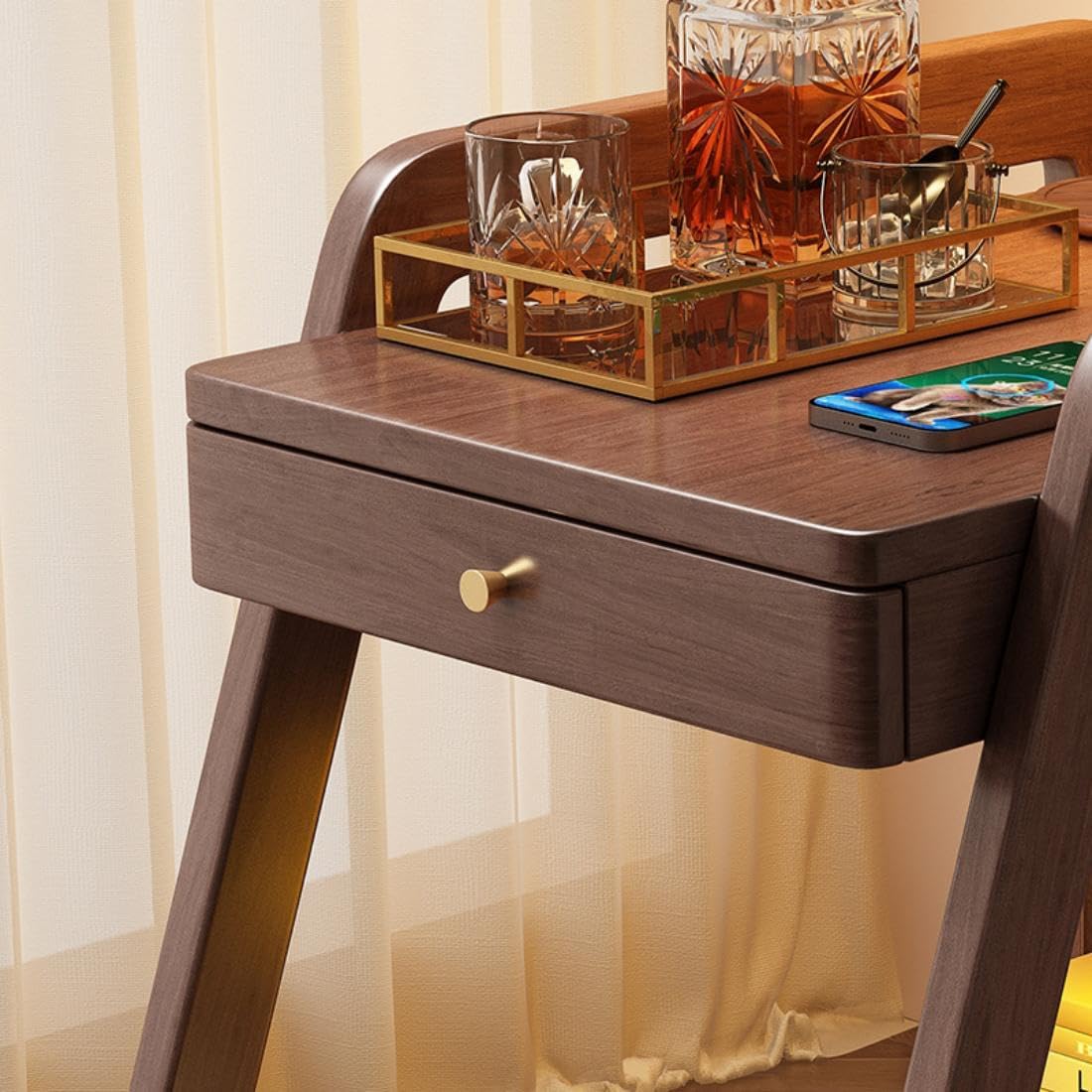 Wood End Table with Wheels, 2 Tiers Side Table with Drawer Mobile Couch Table with Open Storage Floor Bedside Table with Large Capacity Walnut for Living Room