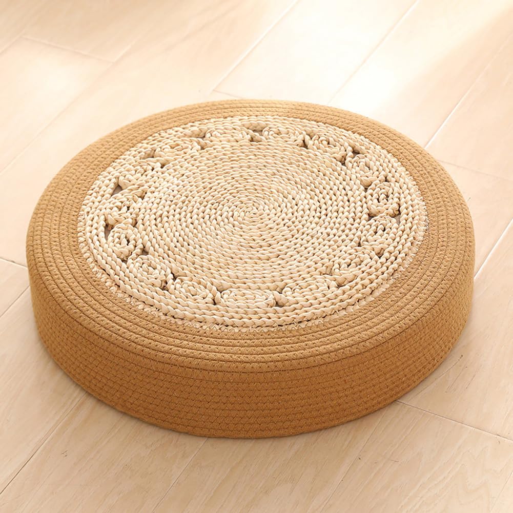Straw Woven Meditation Sitting Pad & Floor Cushion – Round Natural Tatami Mat for Zen Yoga, Boho Home Decor, Ottoman Foot Rest and Kneeling Seat (Red, 19.7in)