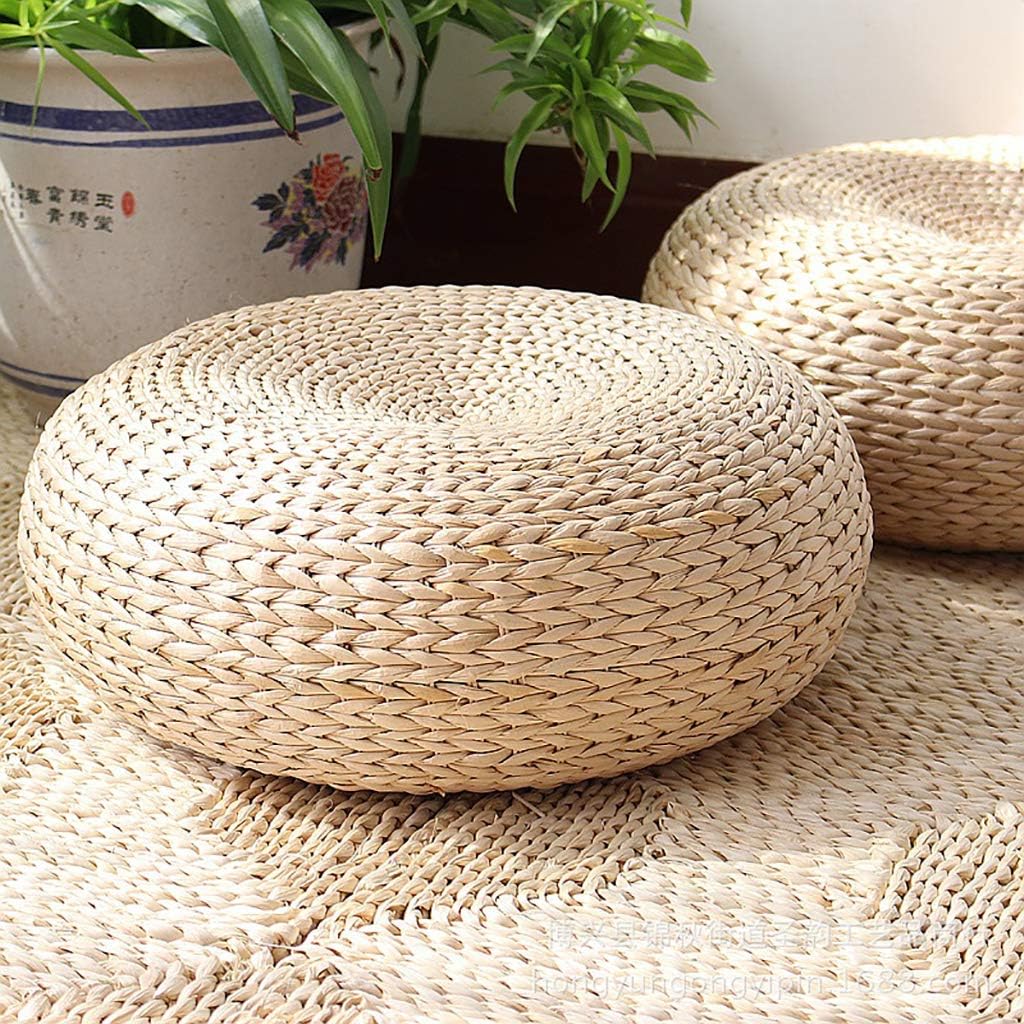 HC&WT Breathable Floor Pillow Cushion, Tatami Handcrafted Eco-Friendly Chair Pad Knitted Straw Woven Steel Frame Round Seat Cushion-a 40x40x16cm(16x16x6inch)