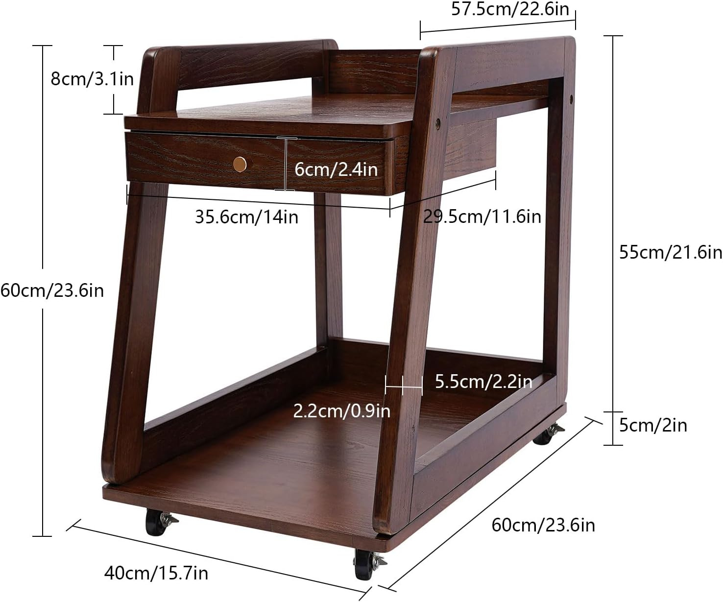 Wood End Table with Wheels, 2 Tiers Side Table with Drawer Mobile Couch Table with Open Storage Floor Bedside Table with Large Capacity Walnut for Living Room