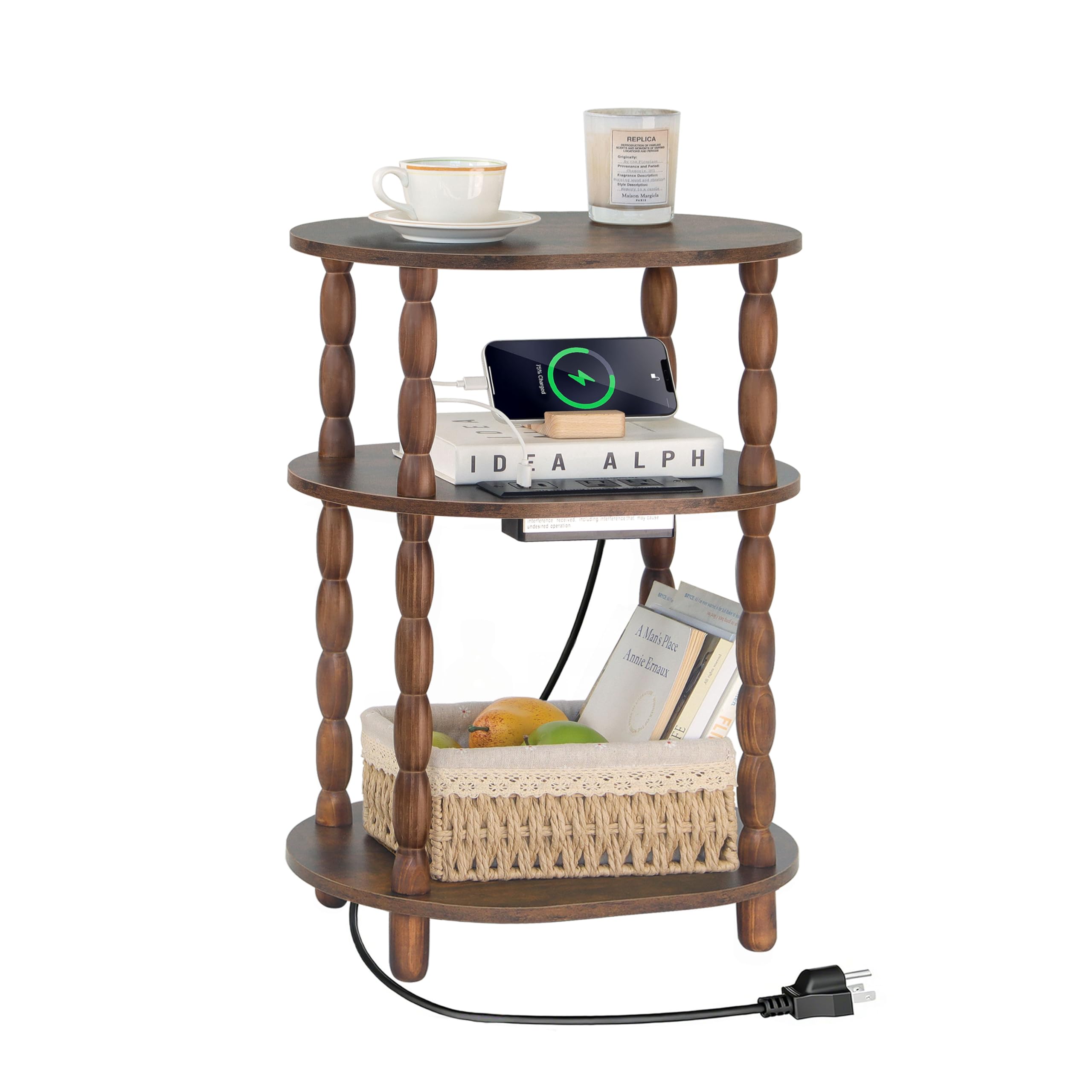 MaxSmeo Side Table, 3-Tier Small End Table, Modern Oval Night Stand Accent Table for Living Room, Bedroom, Rustic Brown