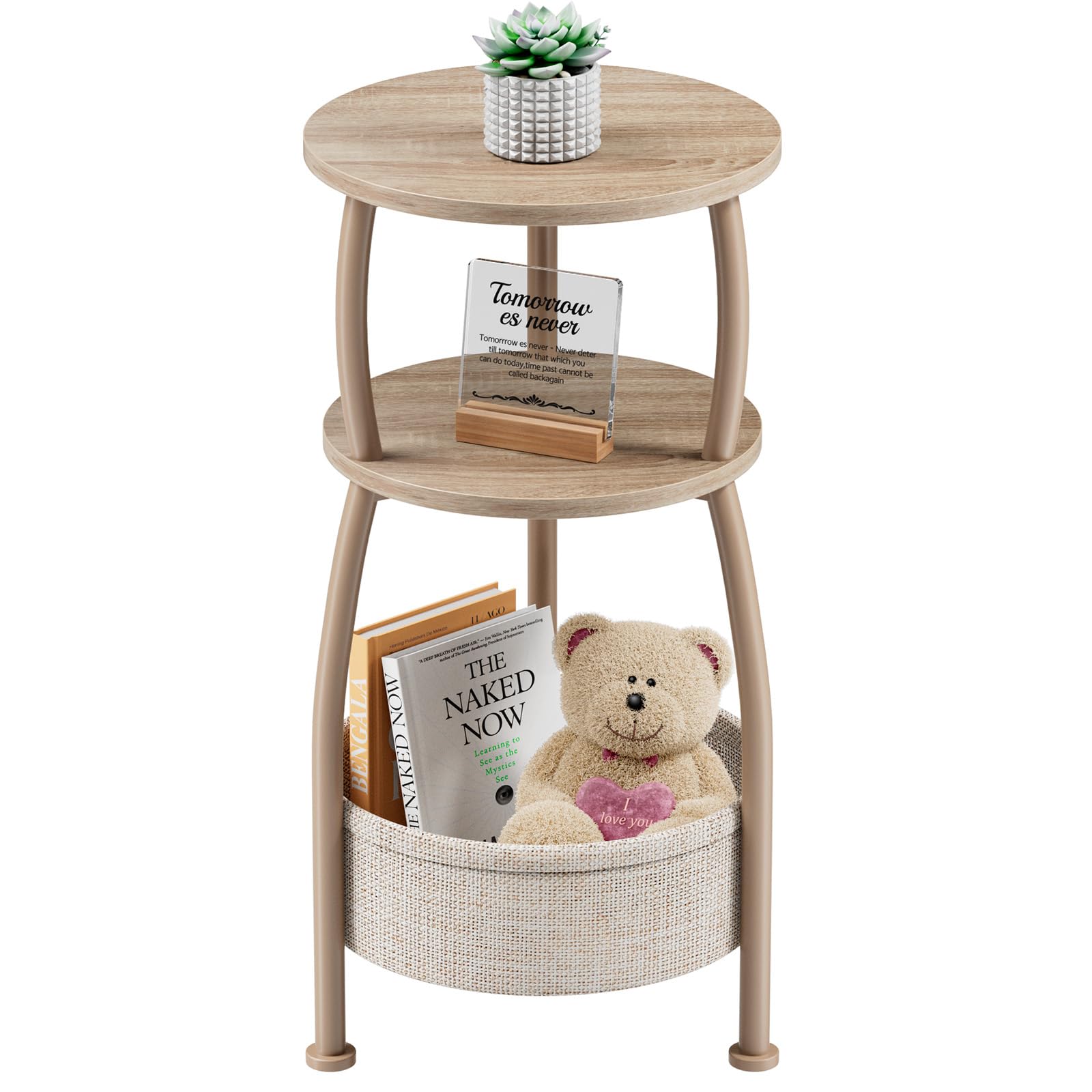 Round Side Table for Small Spaces with Storage Basket –Small End Table 3-Tier Night Stand Sofa Corner Table for Living Room, Bedroom, Patio and More 24in Tall Rustic Brown