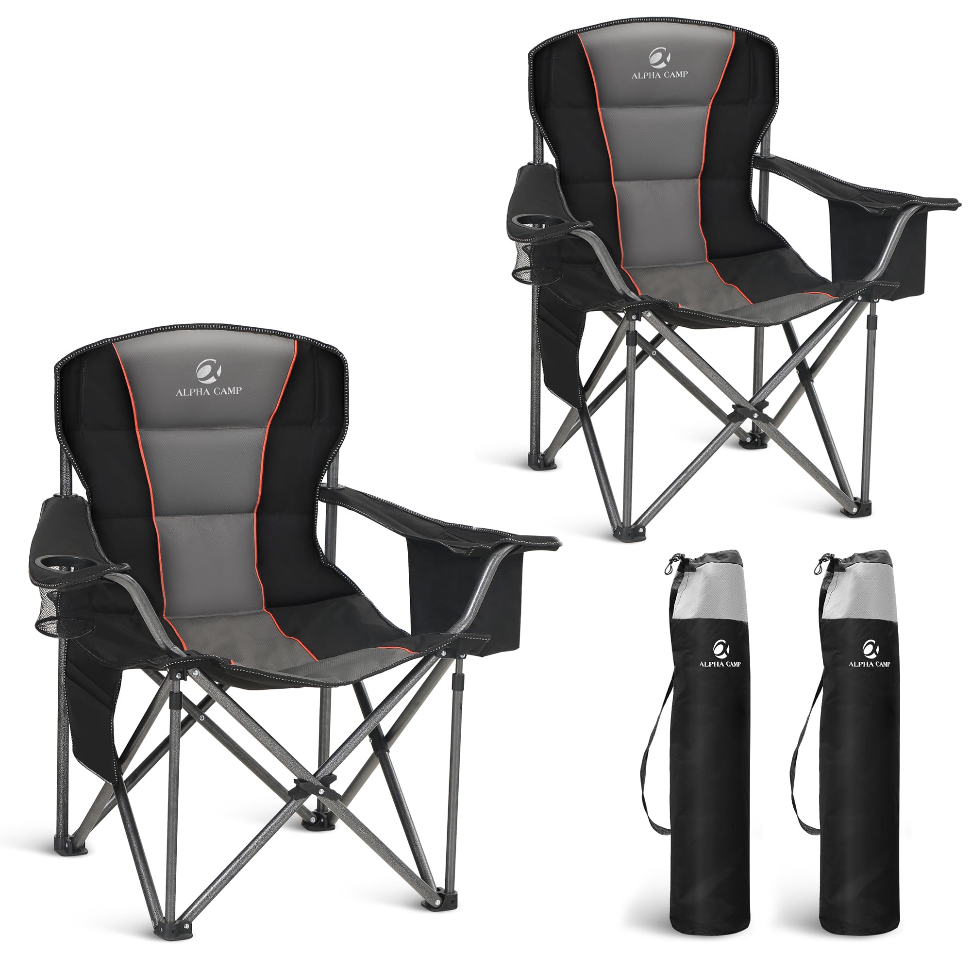 LET'S CAMP Folding Camping Chair Oversized Heavy Duty Padded Outdoor Chair with Cup Holder Storage and Cooler Bag, 450 LBS Weight Capacity, Thicken 600D Oxford