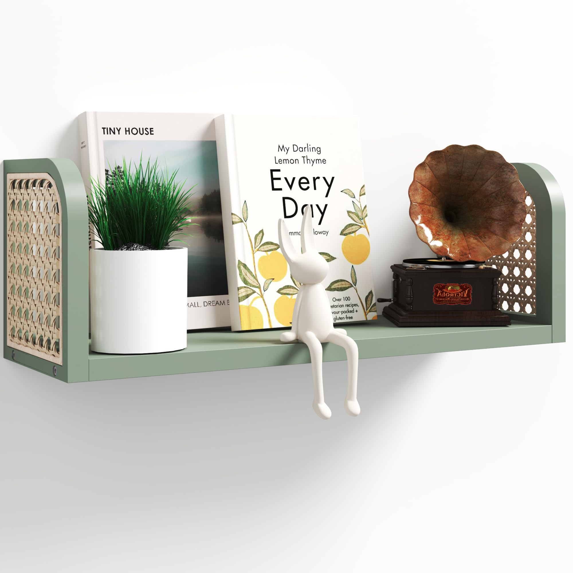 Rattan Shelf Set of 2, Cute Nursery Shelves Wall Mounted, Natural Hanging Bookshelf Storage, Boho Decorative Floating Shelves for Kids Room, Living Room, Play Room, Bedroom, Home Decor