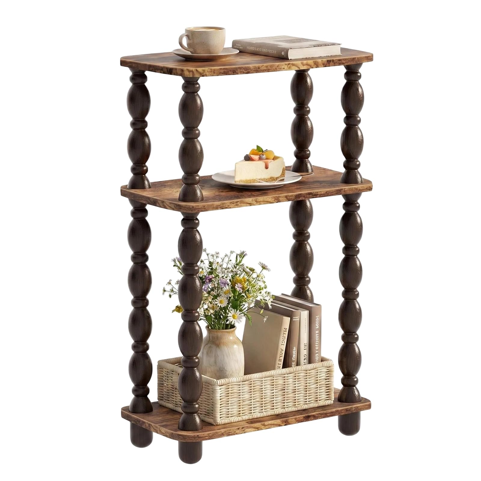 Retro End Table, 3-Tier Small Side Table, Narrow Couch Side Table for Small Spaces, Farmhouse End Table, Modern Accent Table, Skinny Bedside Table Nightstand for Bedroom, Living Room (Rustic Brown)