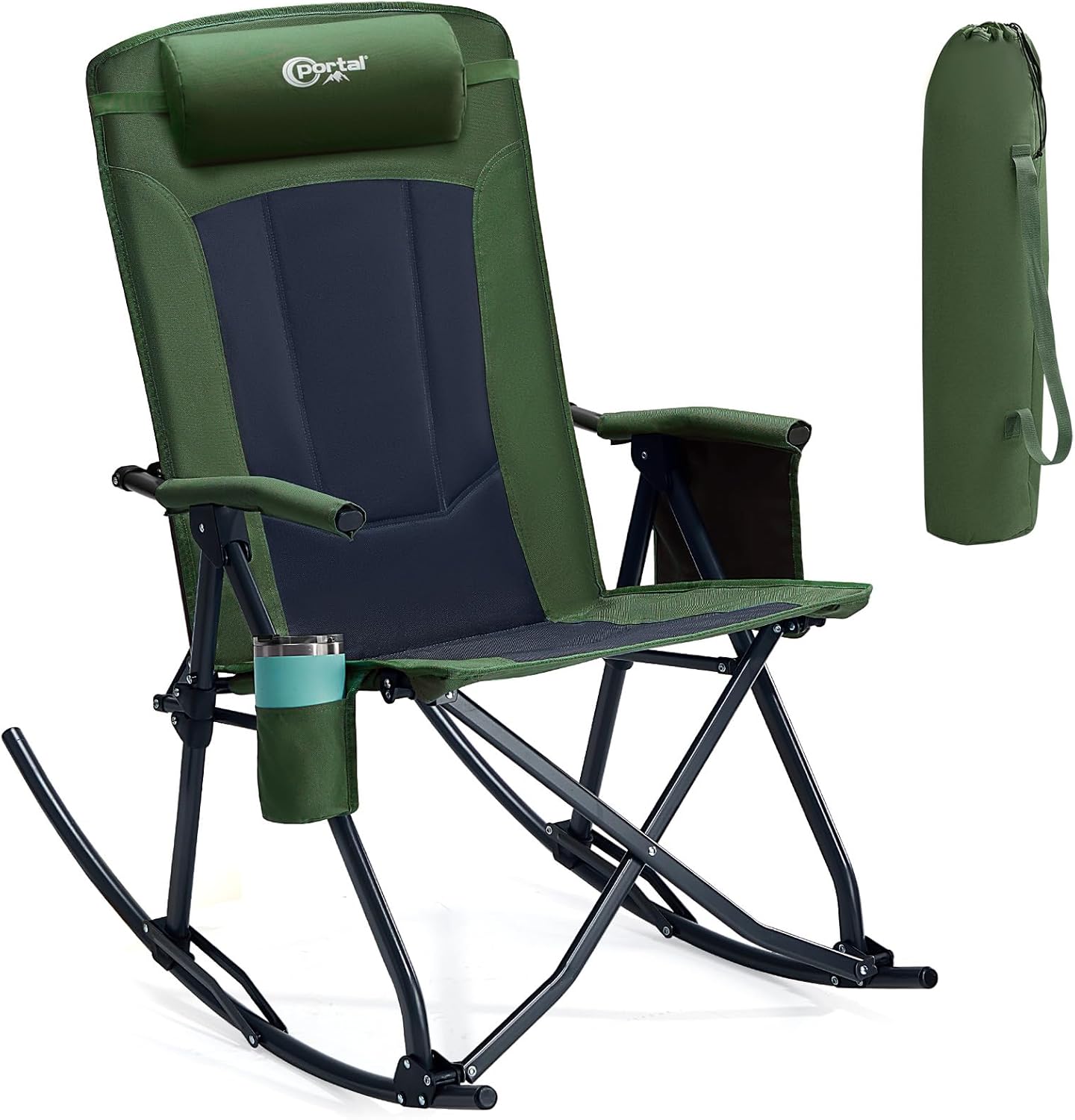 Portal Oversized Folding Rocking Camping Chair Portable Outdoor Rocker with High Back Hard Armrests Carry Bag, Supports 400 lbs