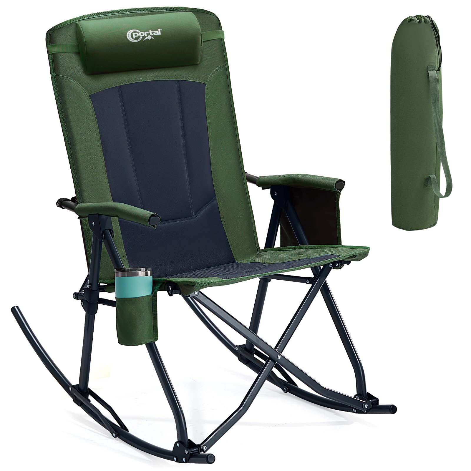 Portal Oversized Folding Rocking Camping Chair Portable Outdoor Rocker with High Back Hard Armrests Carry Bag, Supports 400 lbs