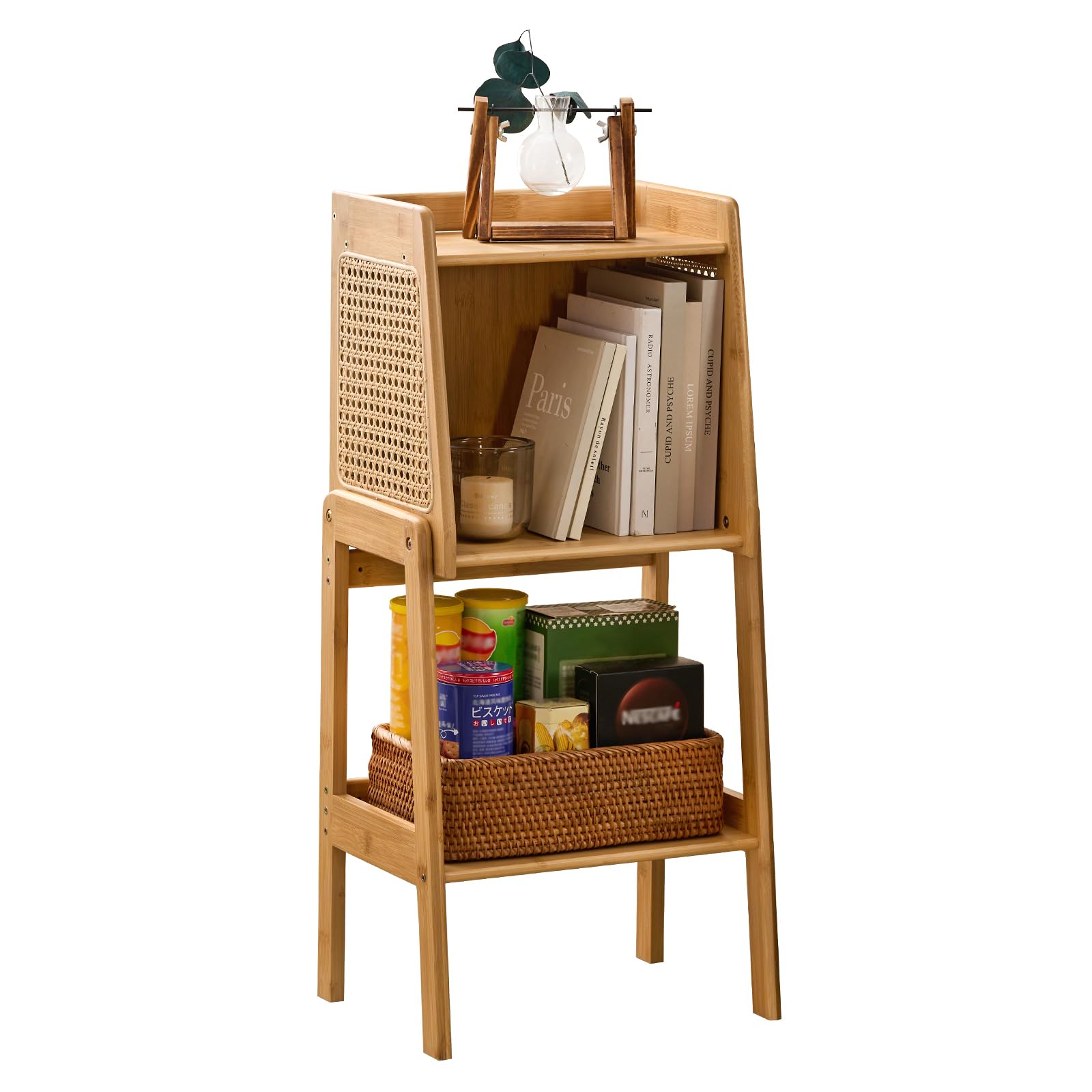 Welnow Bamboo Rattan Bookcase with Cabinet, 3-Tier Storage Shelf with Side Table & End Table Function, Large Modern Wood Organizer for Living Room or Bedroom, Natural Bookshelf