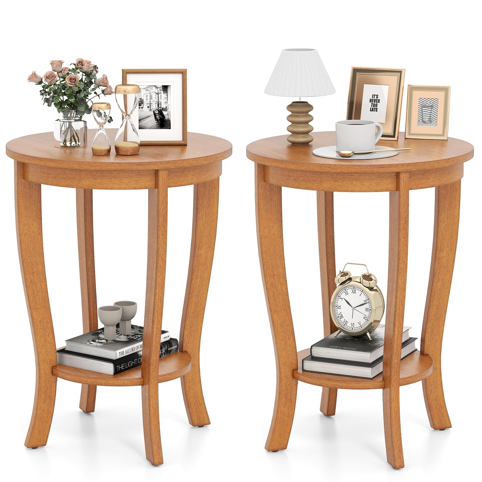 Giantex Round End Table, Retro Nightstand with Storage Shelf & Solid Wood Legs, 24.5" Accent Side Table for Small Spaces, Wood Bedside Night Stand for Living Room Bedroom, Light Brown