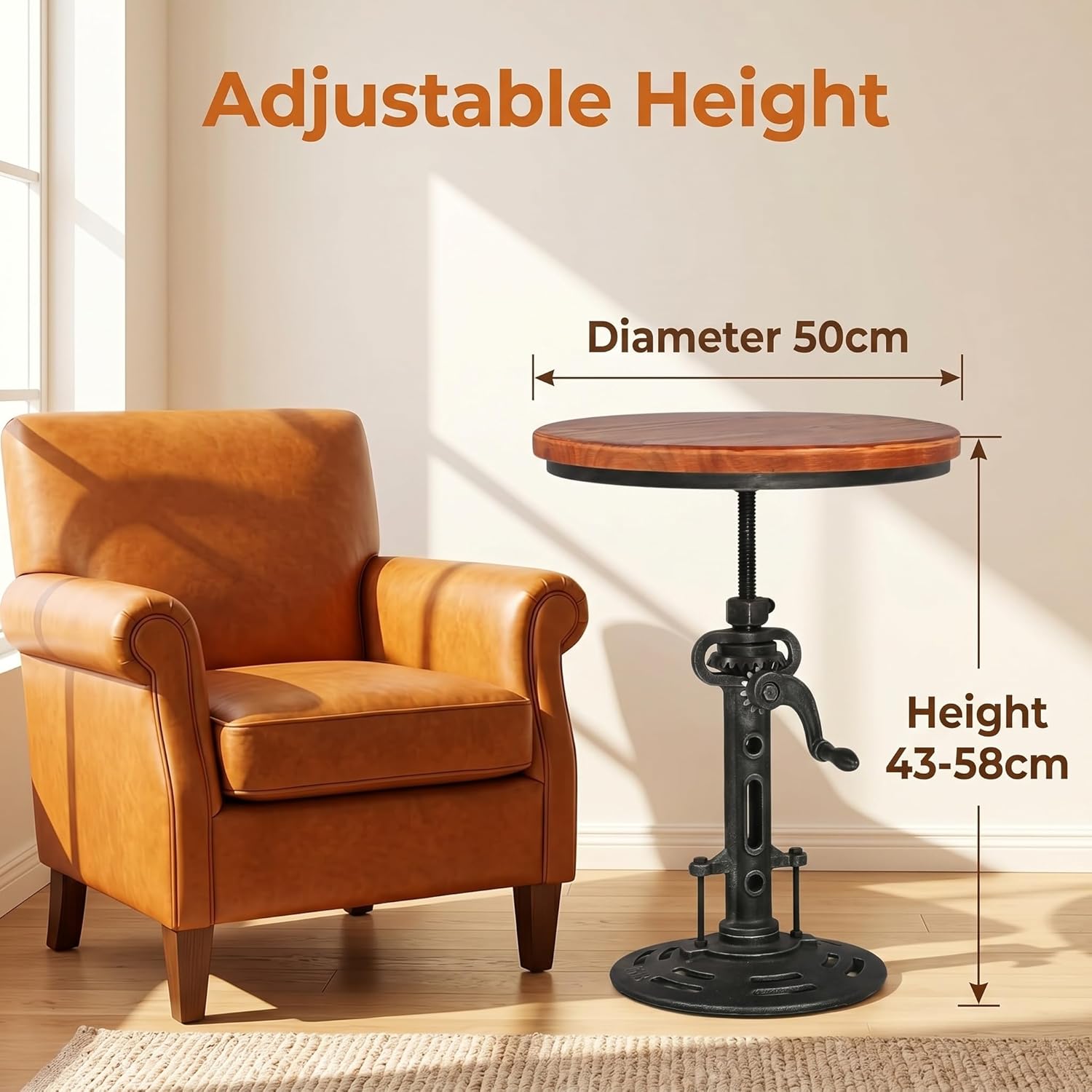 Industrial Retro Height Adjustable End Table, Silver Cast Iron Base Accent Table
