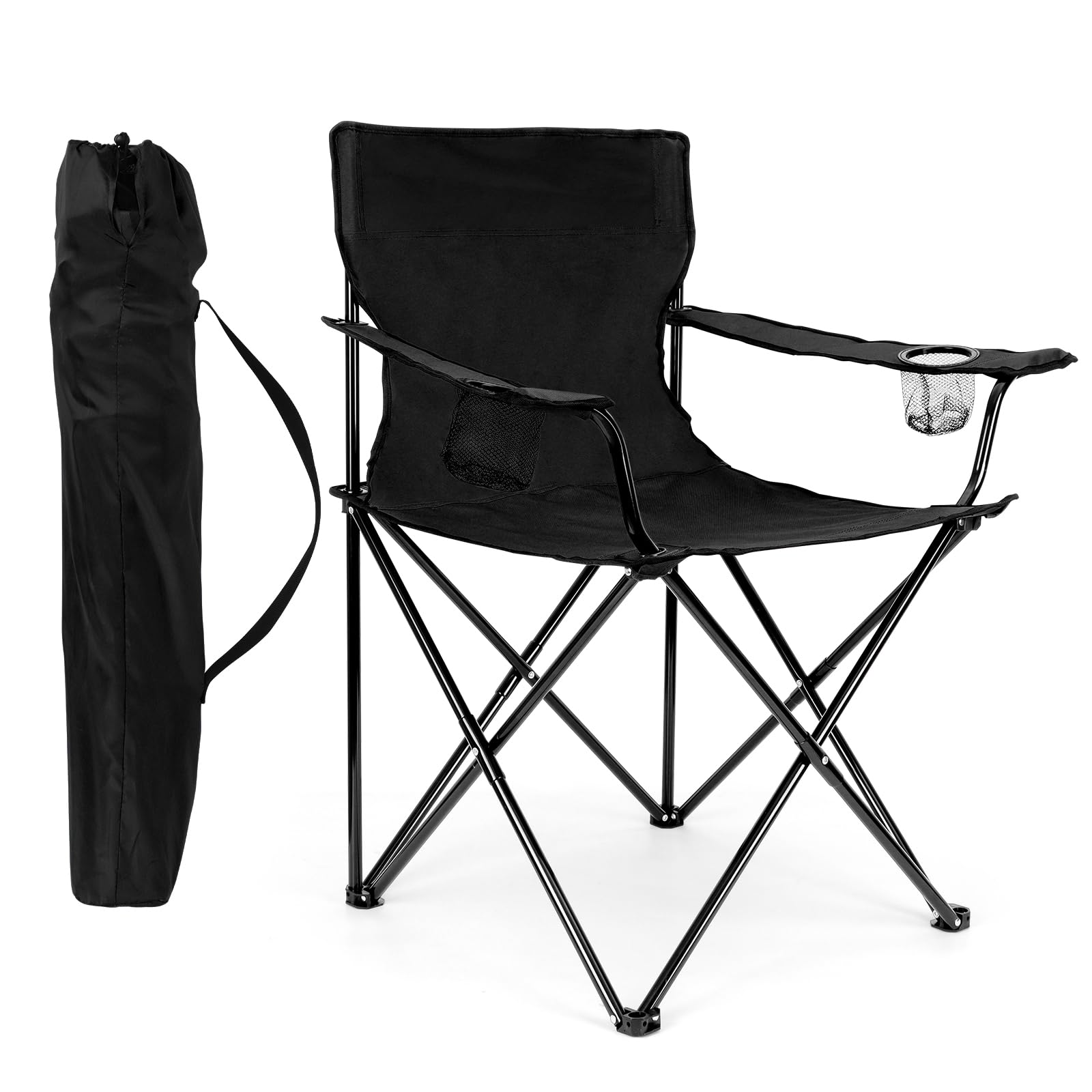 HaSteeL Folding Camping Chair Set of 3, Foldable Black Camp Chairs & Grey Table, Large Lawn Chair Portable for Adults Hiking, Fishing, Picnic, Outdoor BBQ, Travel, Sports, Cup Holders & Storage Bags
