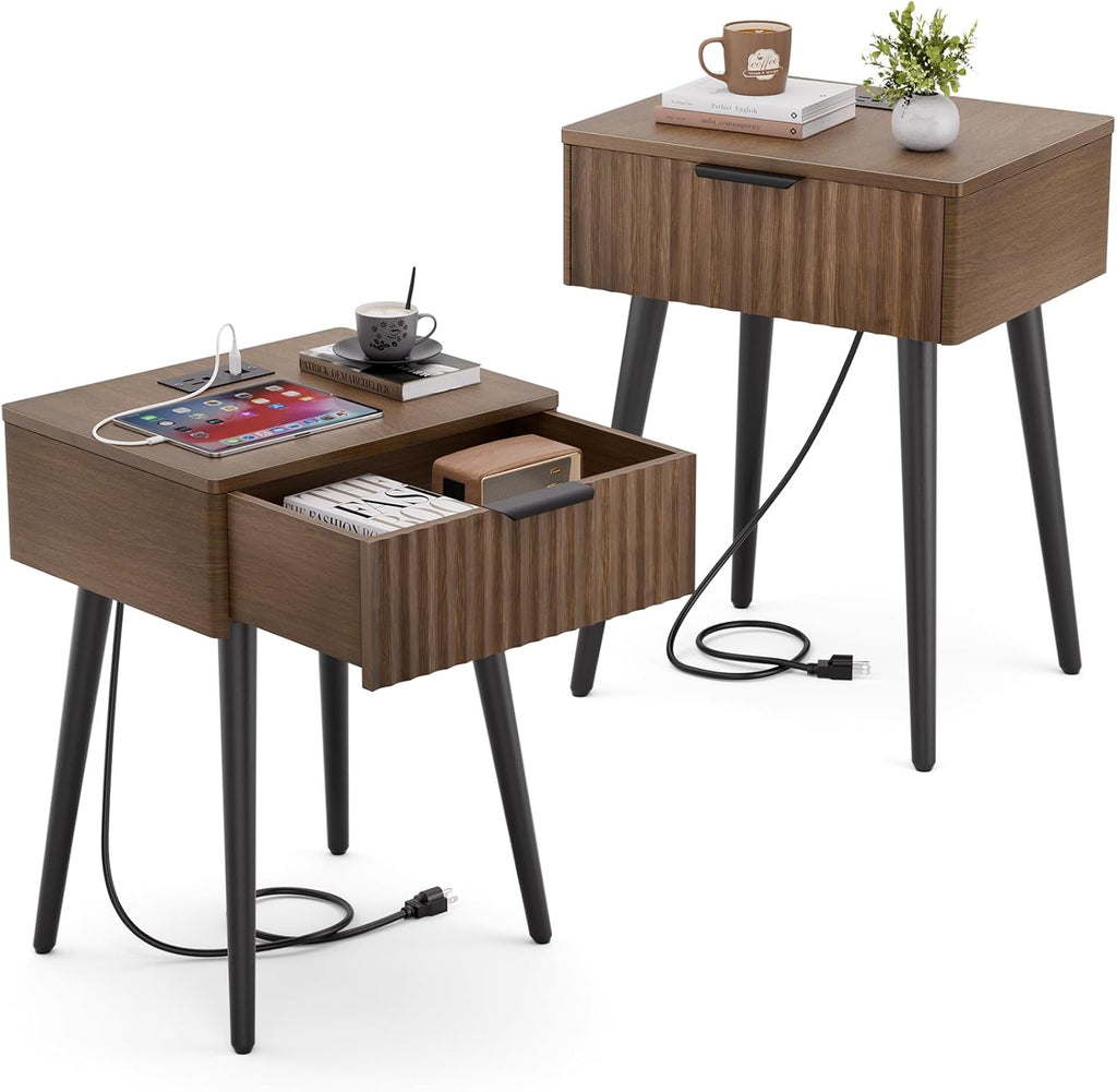 HAIOOU Set of 2 Mid Century Nightstand with Charging Station, End Table Modern Side Table One Drawer with Premium Matte Black Handle and Pine Wood Legs for Home Bedroom Living Room