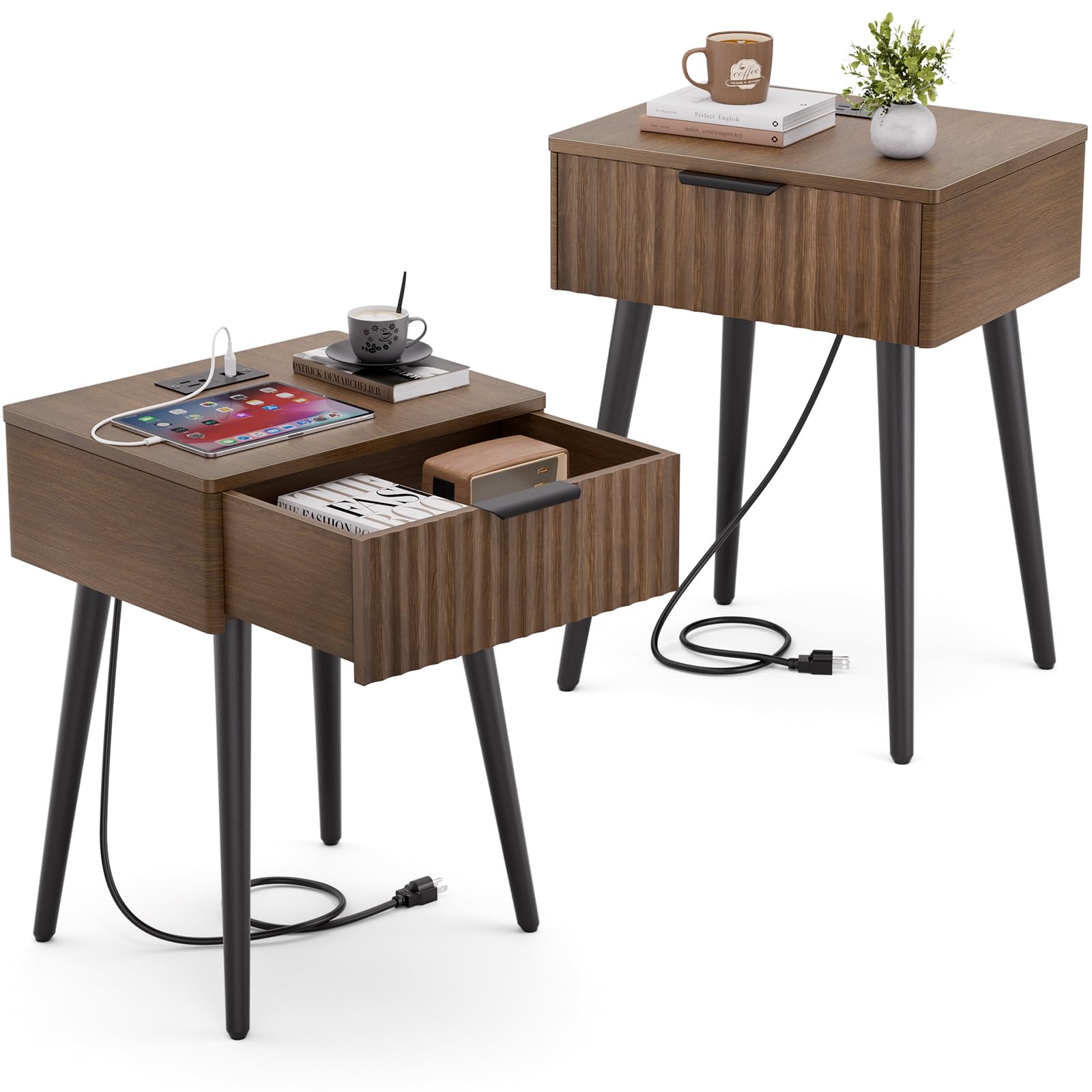 HAIOOU Set of 2 Mid Century Nightstand with Charging Station, End Table Modern Side Table One Drawer with Premium Matte Black Handle and Pine Wood Legs for Home Bedroom Living Room