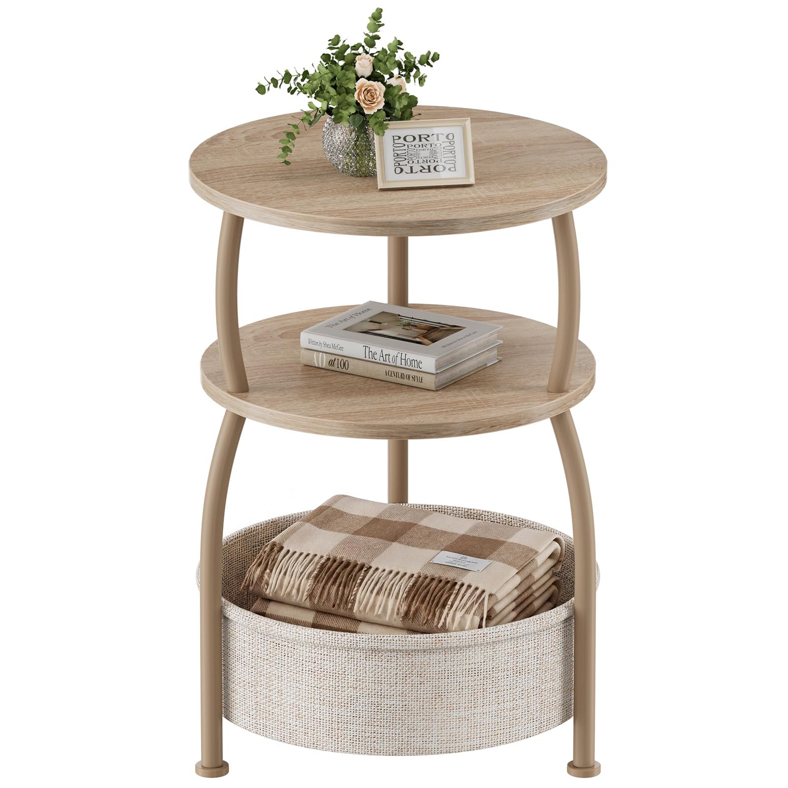 Round Side Table for Small Spaces with Storage Basket –Small End Table 3-Tier Night Stand Sofa Corner Table for Living Room, Bedroom, Patio and More 24in Tall Rustic Brown