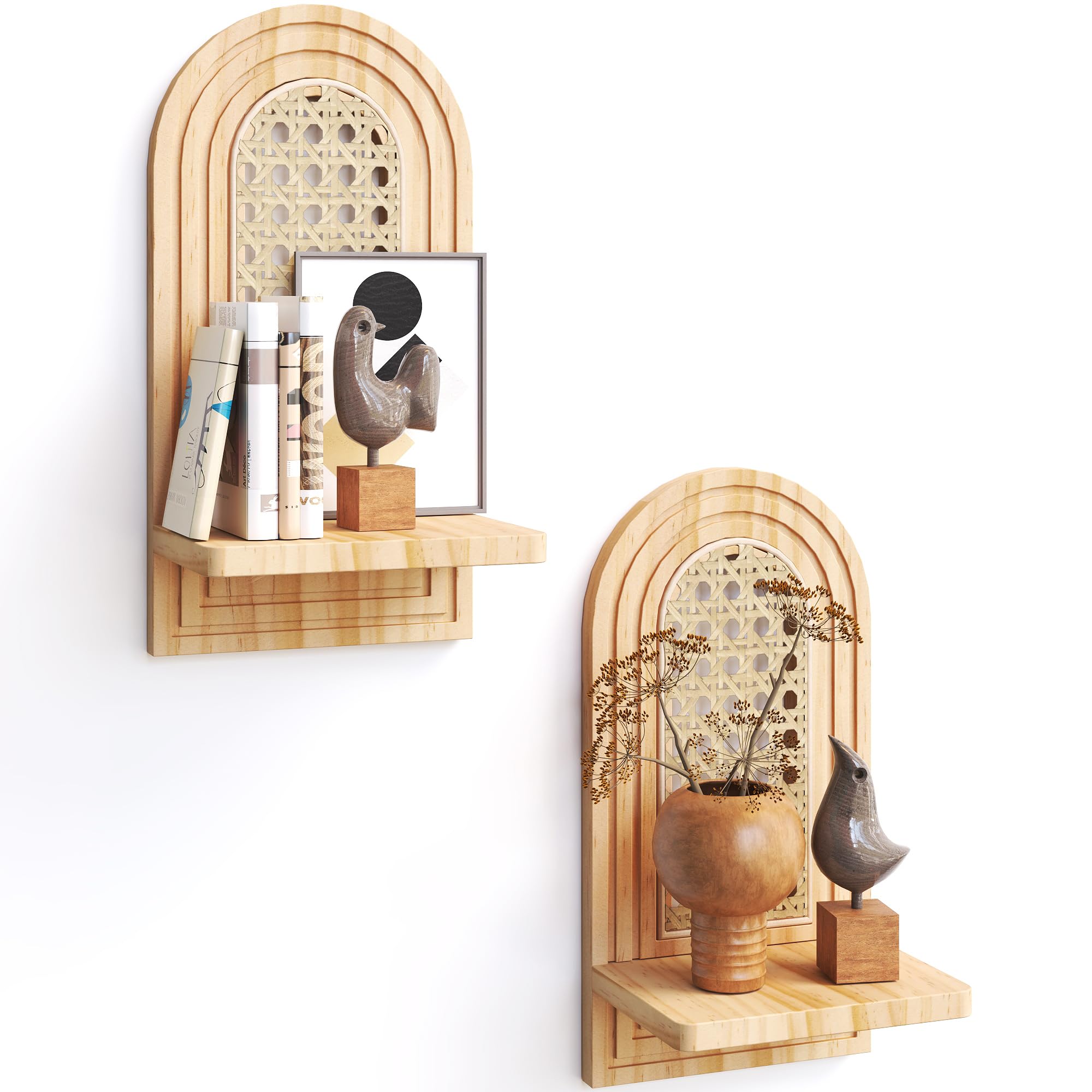 2Pcs Boho Rattan Floating Wall Shelves for Display & Storage
