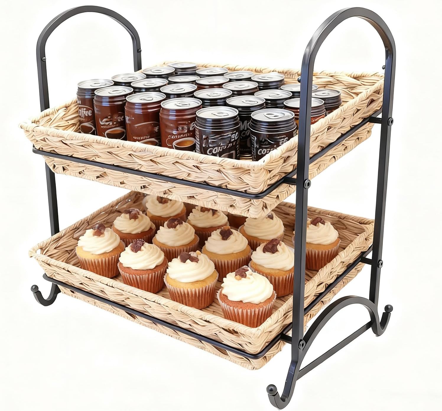2-Tier Faux Rattan Wicker Storage Basket with Metal Frame, Countertop Organizer Shelf for Kitchen, Bathroom, Pantry (Medium)