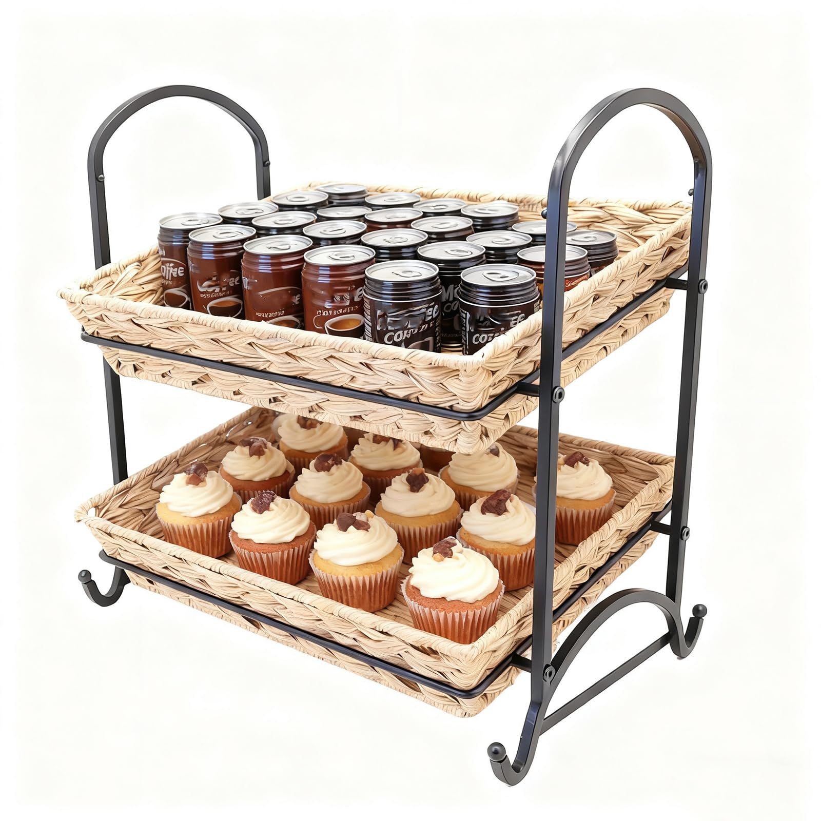 2-Tier Faux Rattan Wicker Storage Basket with Metal Frame, Countertop Organizer Shelf for Kitchen, Bathroom, Pantry (Medium)