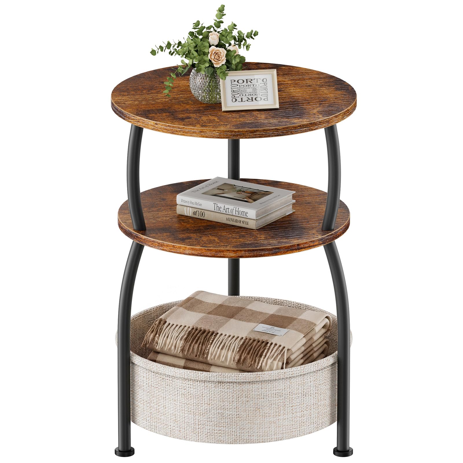 Round Side Table for Small Spaces with Storage Basket –Small End Table 3-Tier Night Stand Sofa Corner Table for Living Room, Bedroom, Patio and More 24in Tall Rustic Brown