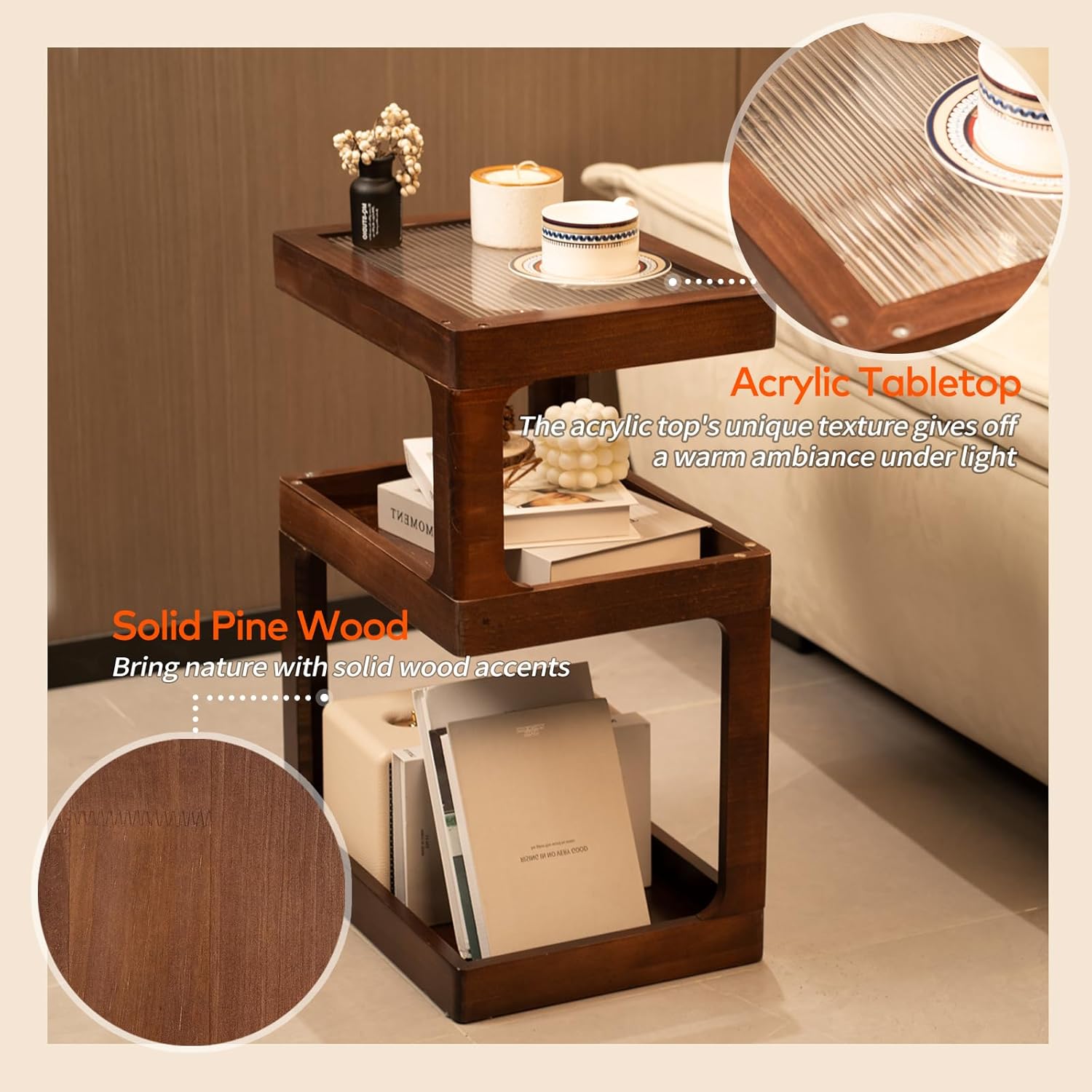 Solid Wood End Table, 3-Tier Small Side Table with Fluted Acrylic Top, Rectangular Geometric Retro Accent Table with Open Storage for Small Spaces, Living Room, Bedroom, 100% Pine, Brown