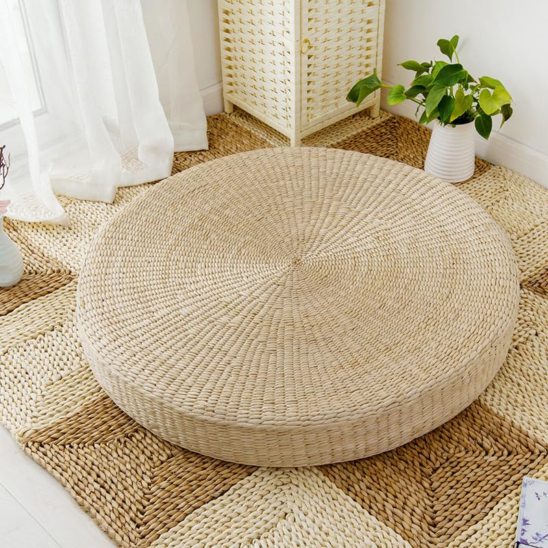 Large Round Tatami Floor Pillow, Handwoven Straw Meditation Floor Cushions for Living Room Yoga Window Seat Reading Nook Bedroom Outdoor Seat (Dia: 19.7")