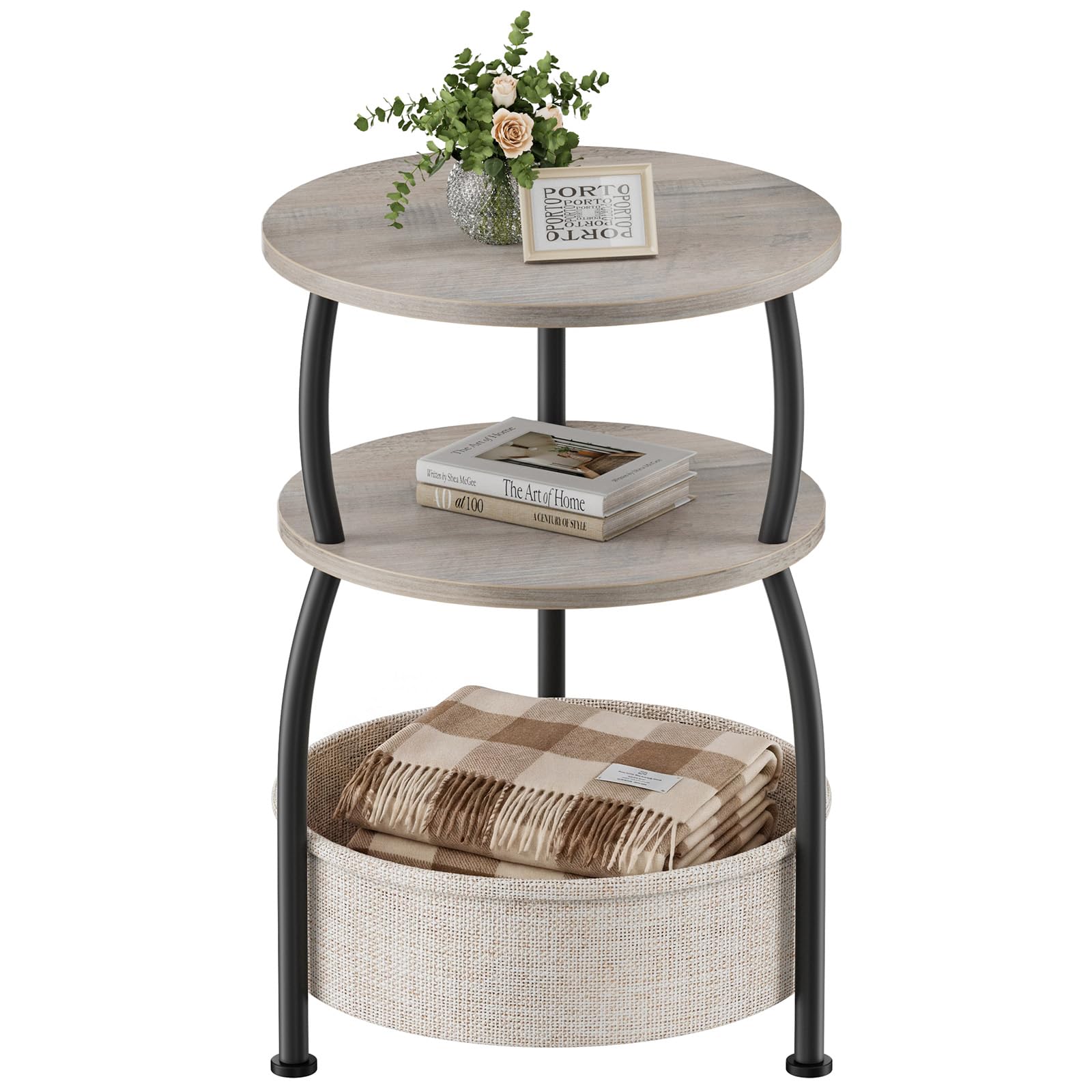 Round Side Table for Small Spaces with Storage Basket –Small End Table 3-Tier Night Stand Sofa Corner Table for Living Room, Bedroom, Patio and More 24in Tall Rustic Brown
