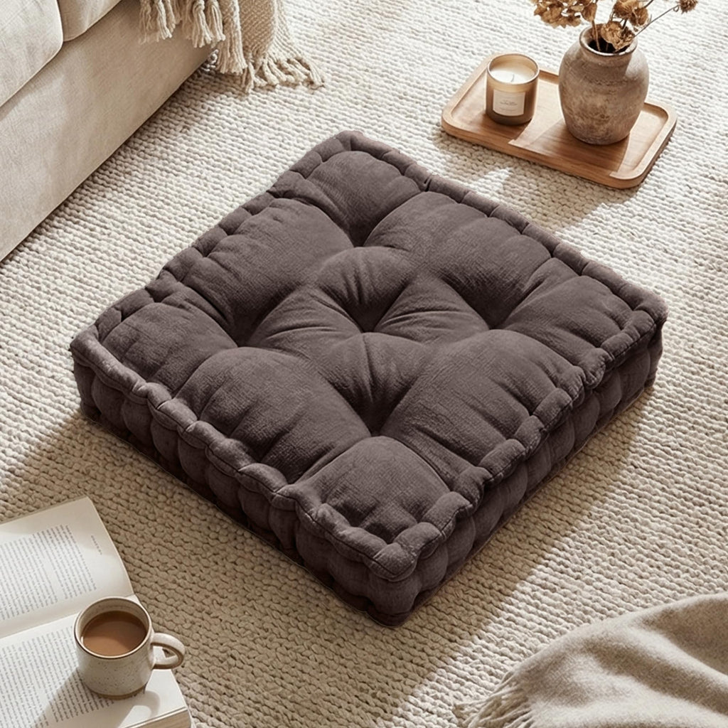 Intelligent Design Large Floor Pillow for Adults Yoga or Meditation Cushion with Handle, Floor Cushion for Board Games, Lustrous Chenille Tufted, Handsewn Scalloped Edge, Azza, 24" x 24" x 5" Ivory