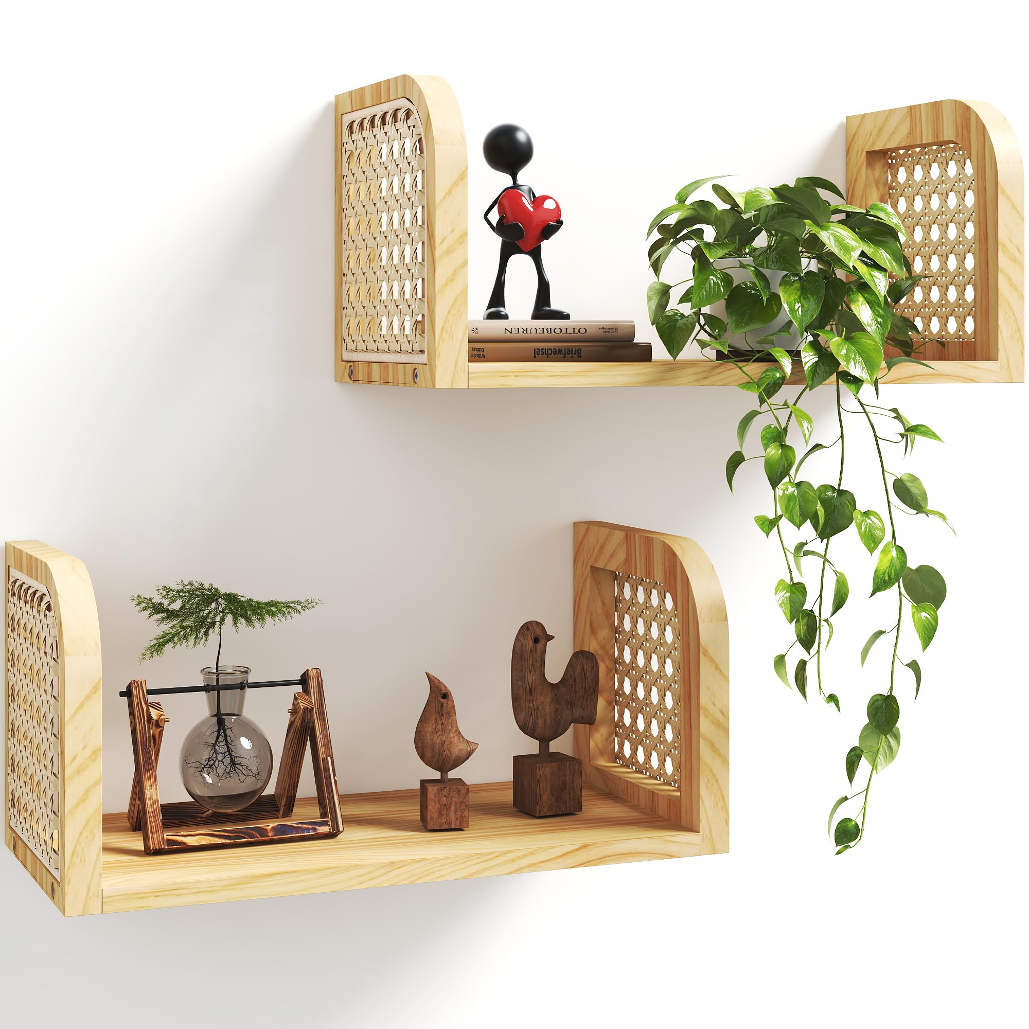 Rattan Shelf Set of 2, Cute Nursery Shelves Wall Mounted, Natural Hanging Bookshelf Storage, Boho Decorative Floating Shelves for Kids Room, Living Room, Play Room, Bedroom, Home Decor