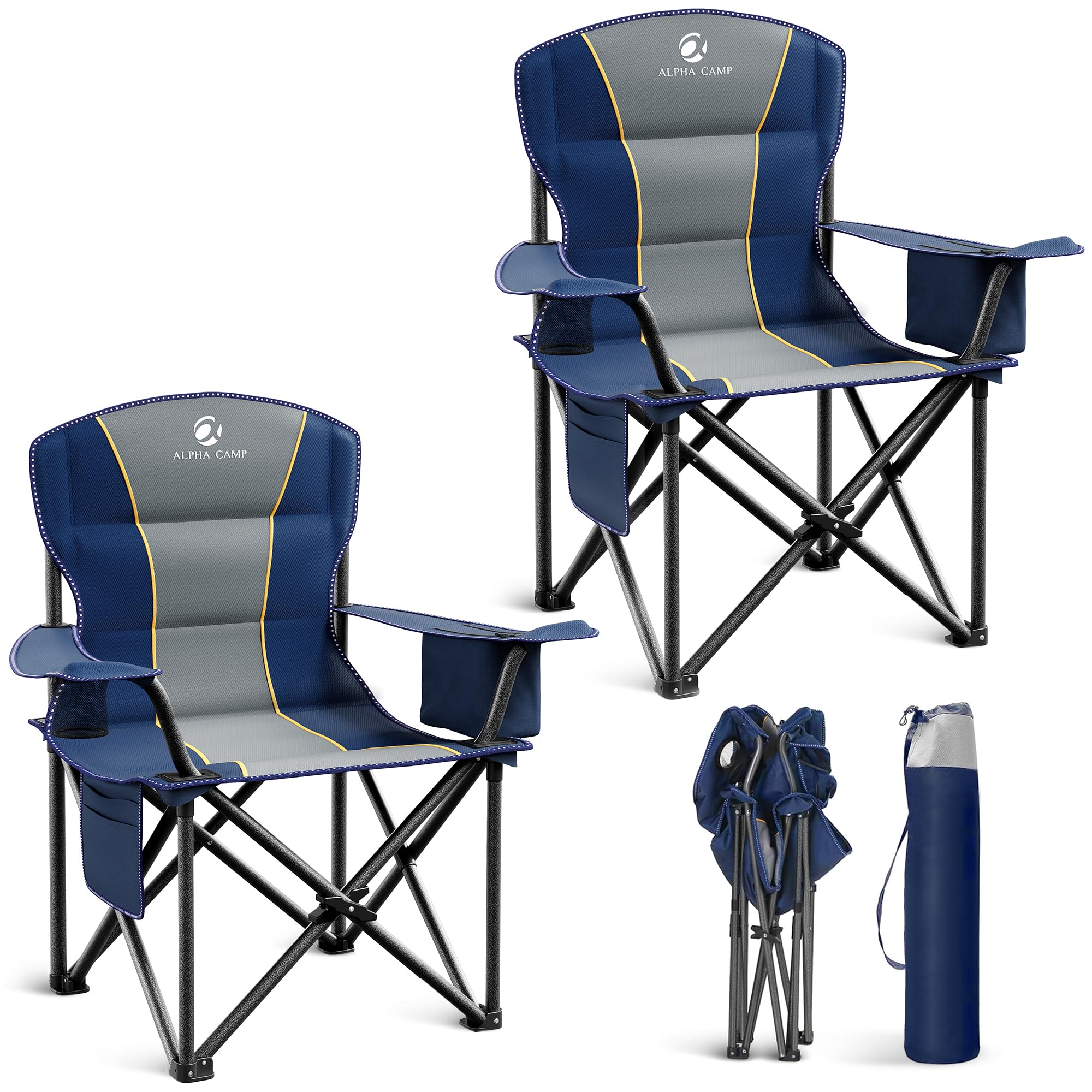 LET'S CAMP Folding Camping Chair Oversized Heavy Duty Padded Outdoor Chair with Cup Holder Storage and Cooler Bag, 450 LBS Weight Capacity, Thicken 600D Oxford