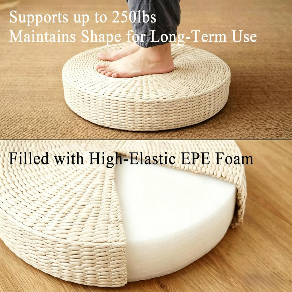 Large Round Tatami Floor Pillow, Handwoven Straw Meditation Floor Cushions for Living Room Yoga Window Seat Reading Nook Bedroom Outdoor Seat (Dia: 19.7")
