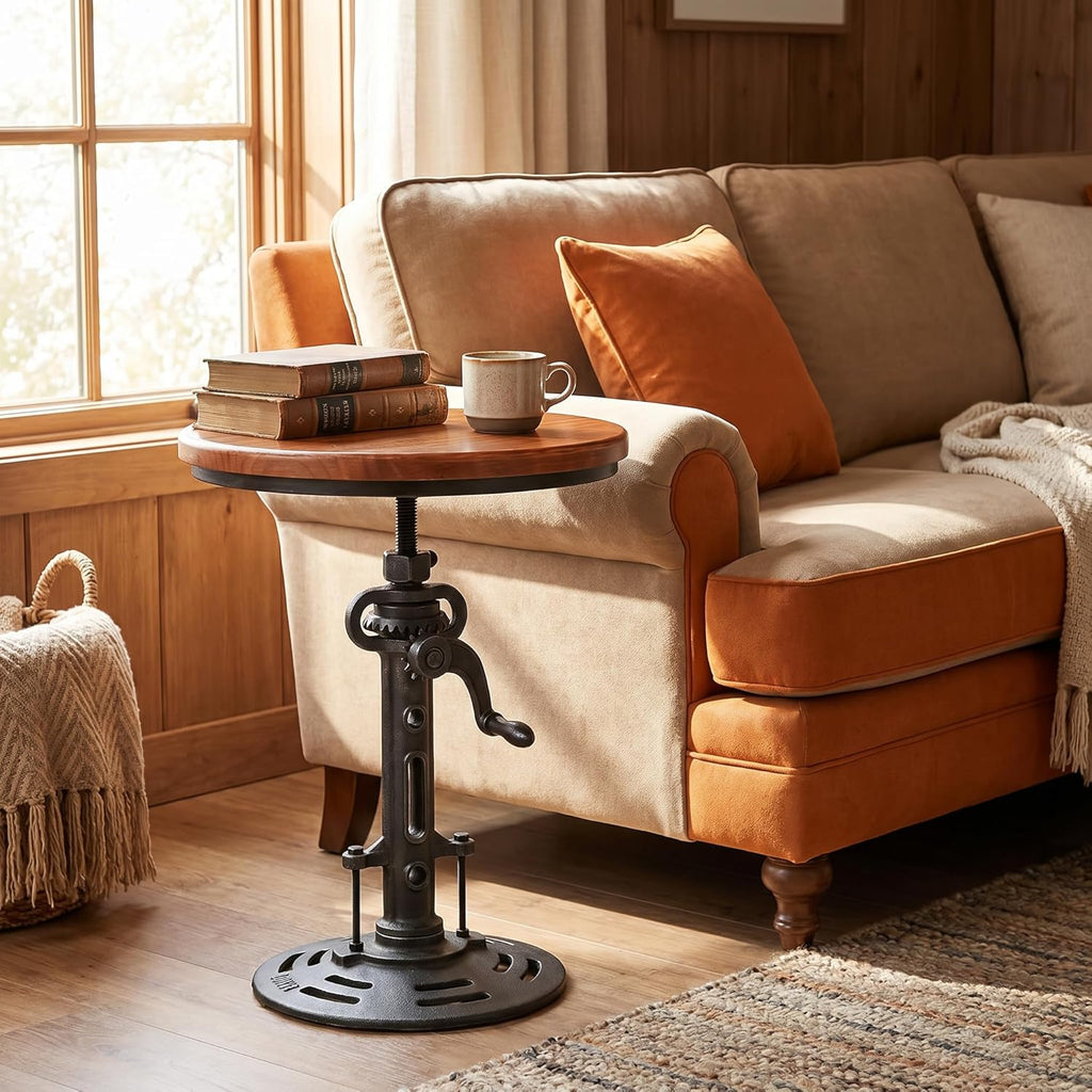 Industrial Retro Height Adjustable End Table, Silver Cast Iron Base Accent Table