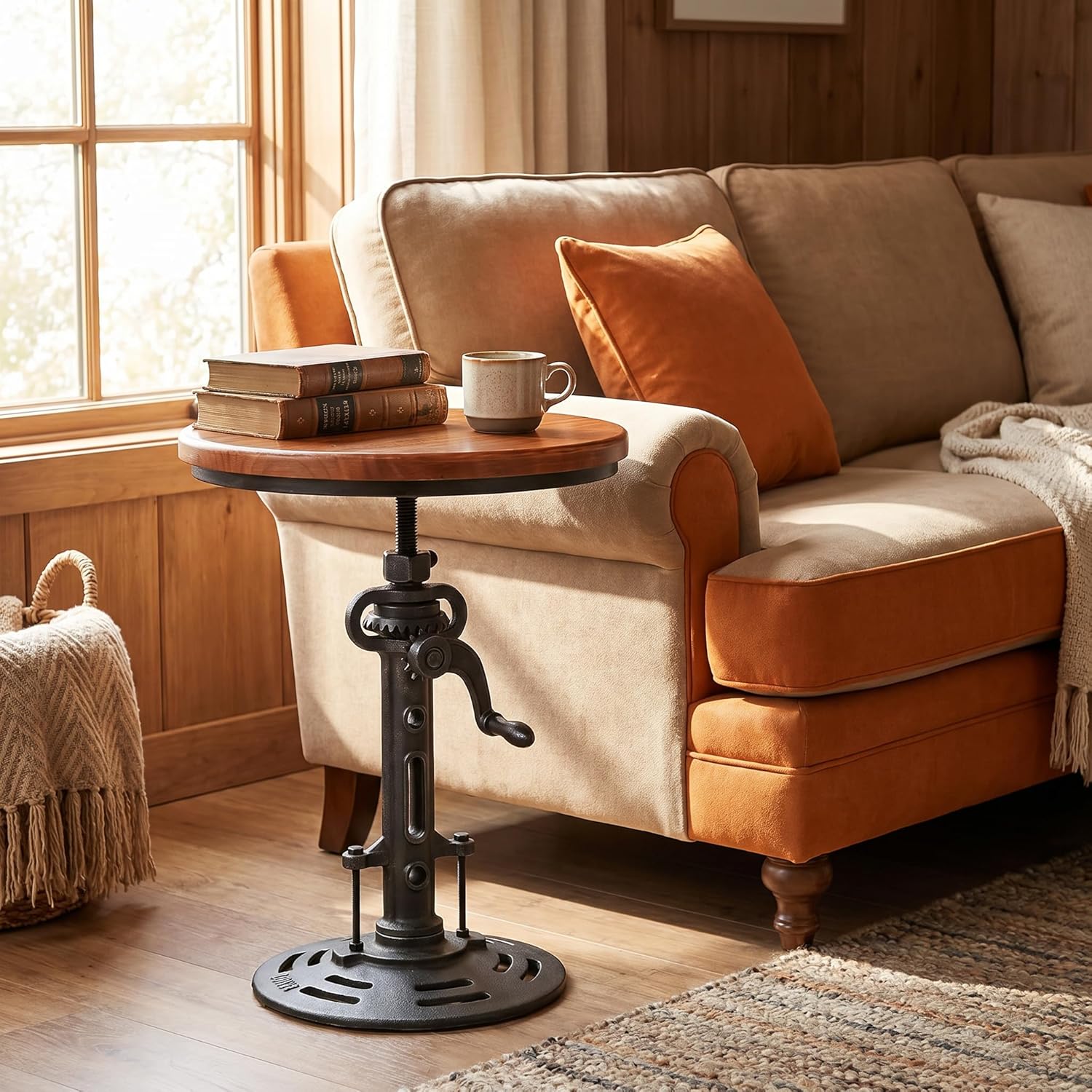 Industrial Retro Height Adjustable End Table, Silver Cast Iron Base Accent Table