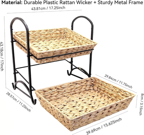 2-Tier Faux Rattan Wicker Storage Basket with Metal Frame, Countertop Organizer Shelf for Kitchen, Bathroom, Pantry (Medium)