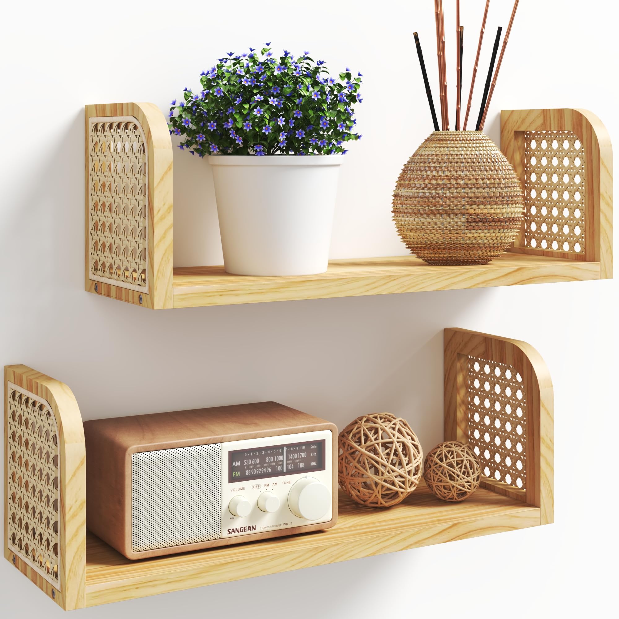 Rattan Shelf Set of 2, Cute Nursery Shelves Wall Mounted, Natural Hanging Bookshelf Storage, Boho Decorative Floating Shelves for Kids Room, Living Room, Play Room, Bedroom, Home Decor