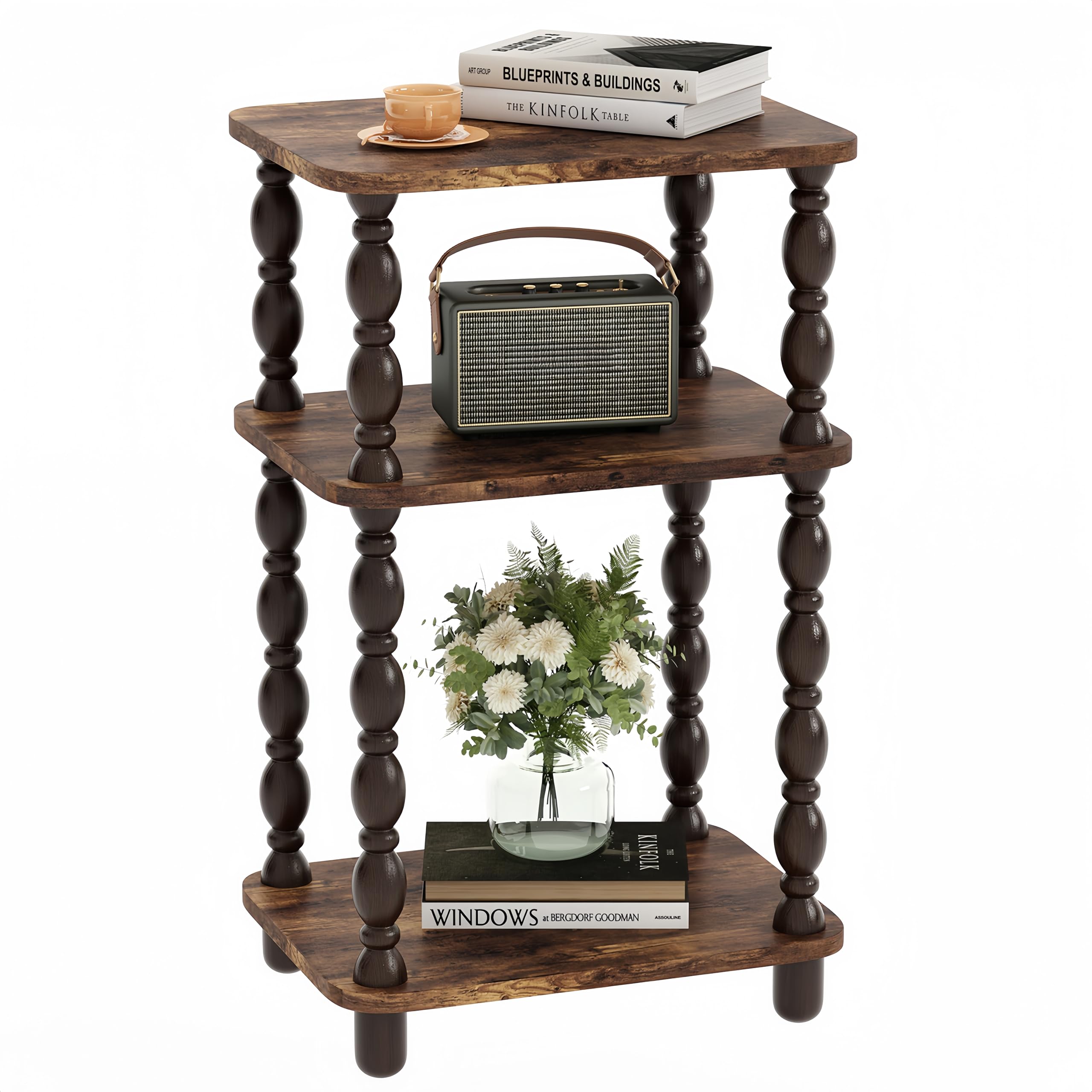 Retro End Table, 3-Tier Small Side Table, Narrow Couch Side Table for Small Spaces, Farmhouse End Table, Modern Accent Table, Skinny Bedside Table Nightstand for Bedroom, Living Room (Rustic Brown)