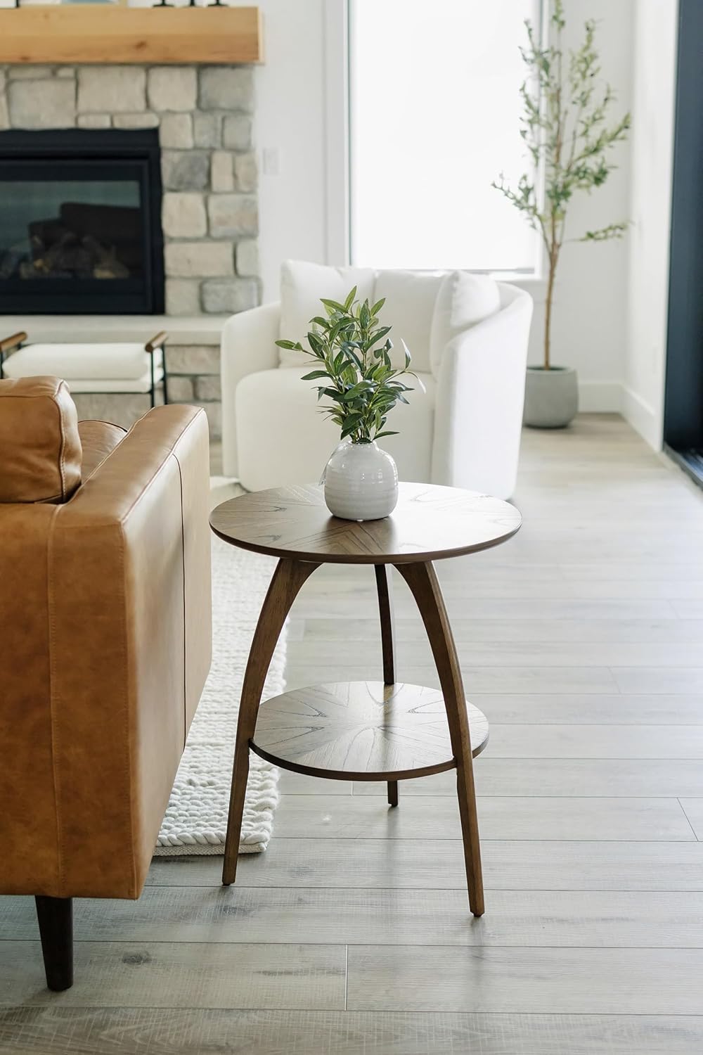 Mid-Century Modern Round Wood End Table with Shelf, Nutmeg Brown