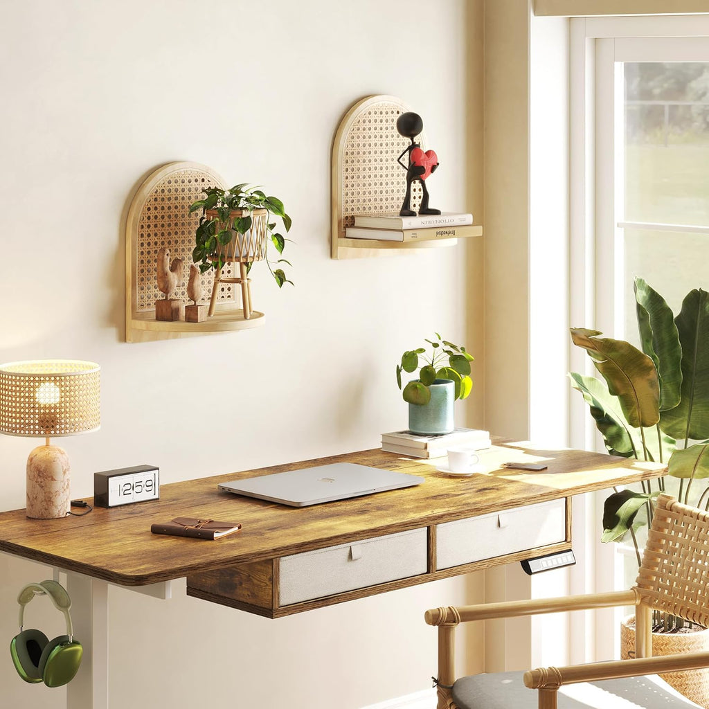 2Pcs Boho Rattan Floating Wall Shelves for Display & Storage