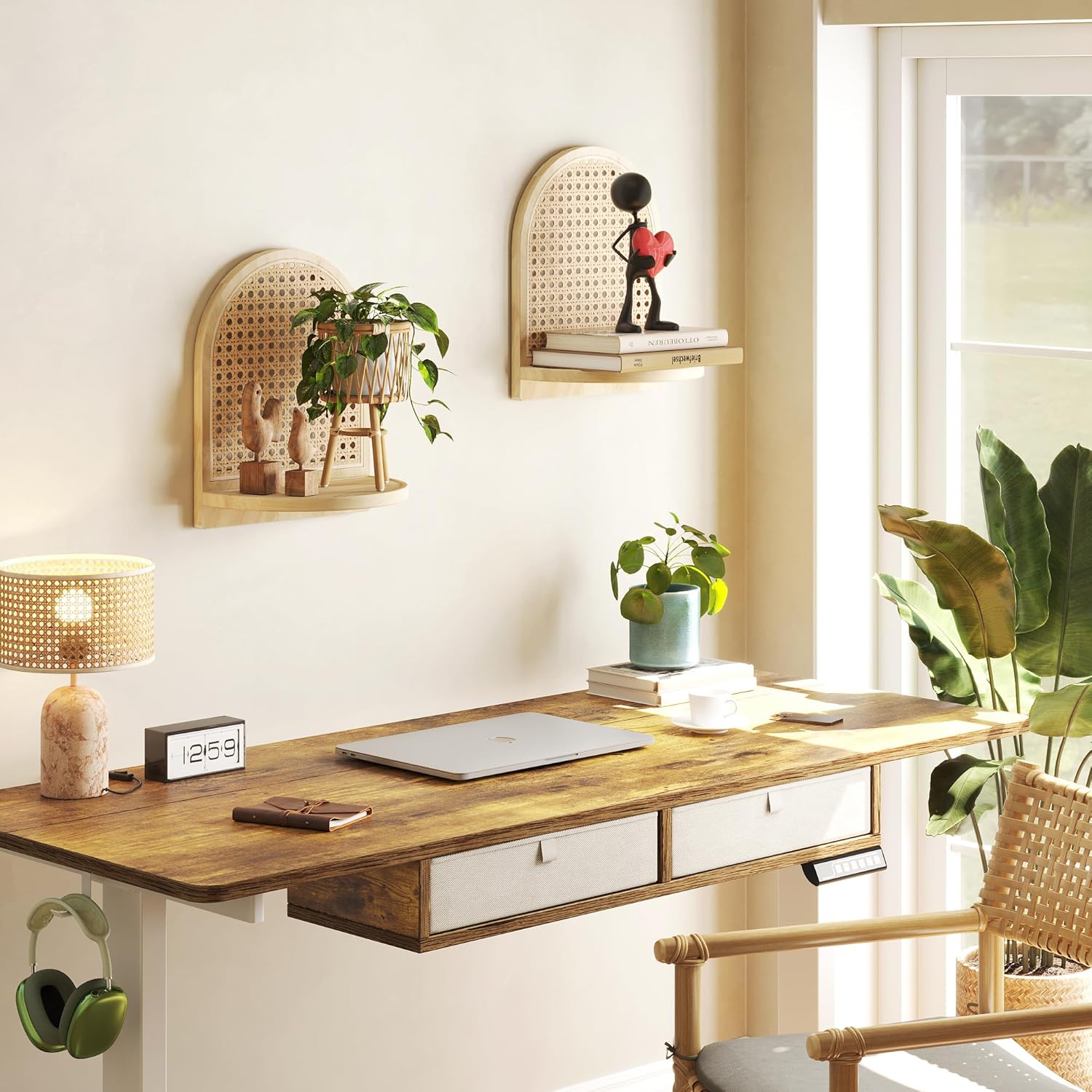 2Pcs Boho Rattan Floating Wall Shelves for Display & Storage