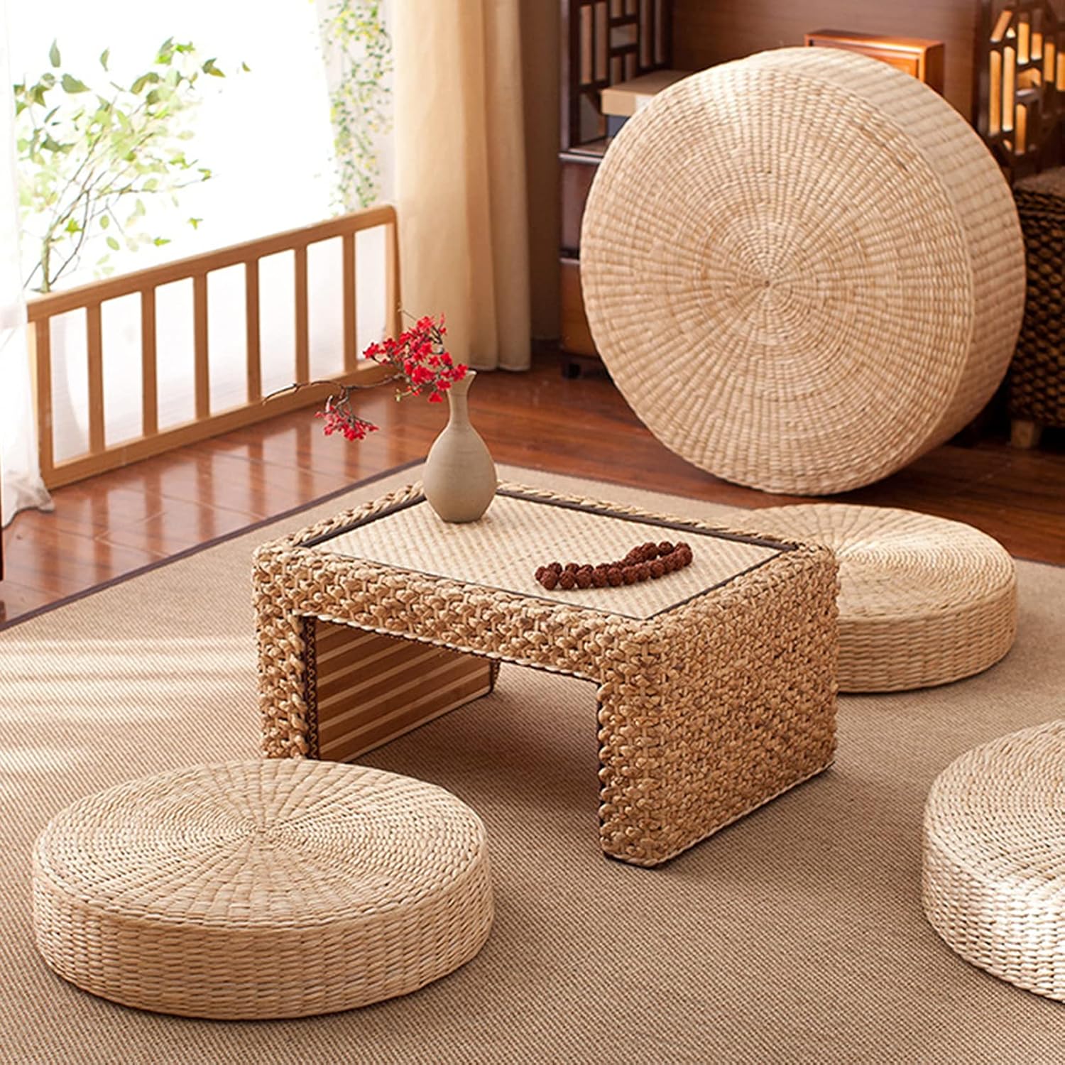 Floor Cushion, Round Braided Straw Meditation Pillow, 2" Thick Seat Cushion for Yoga, Indoor Outdoor Use, Natural Style Floor Pillow (17.3")