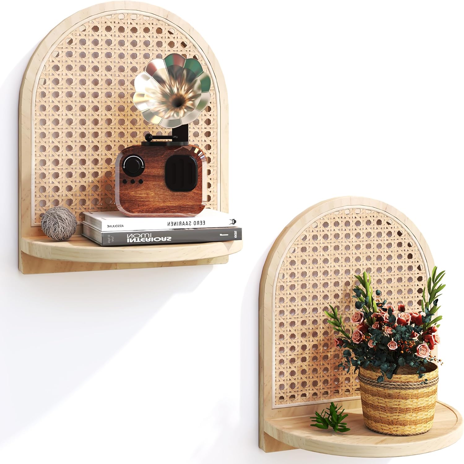 2Pcs Boho Rattan Floating Wall Shelves for Display & Storage