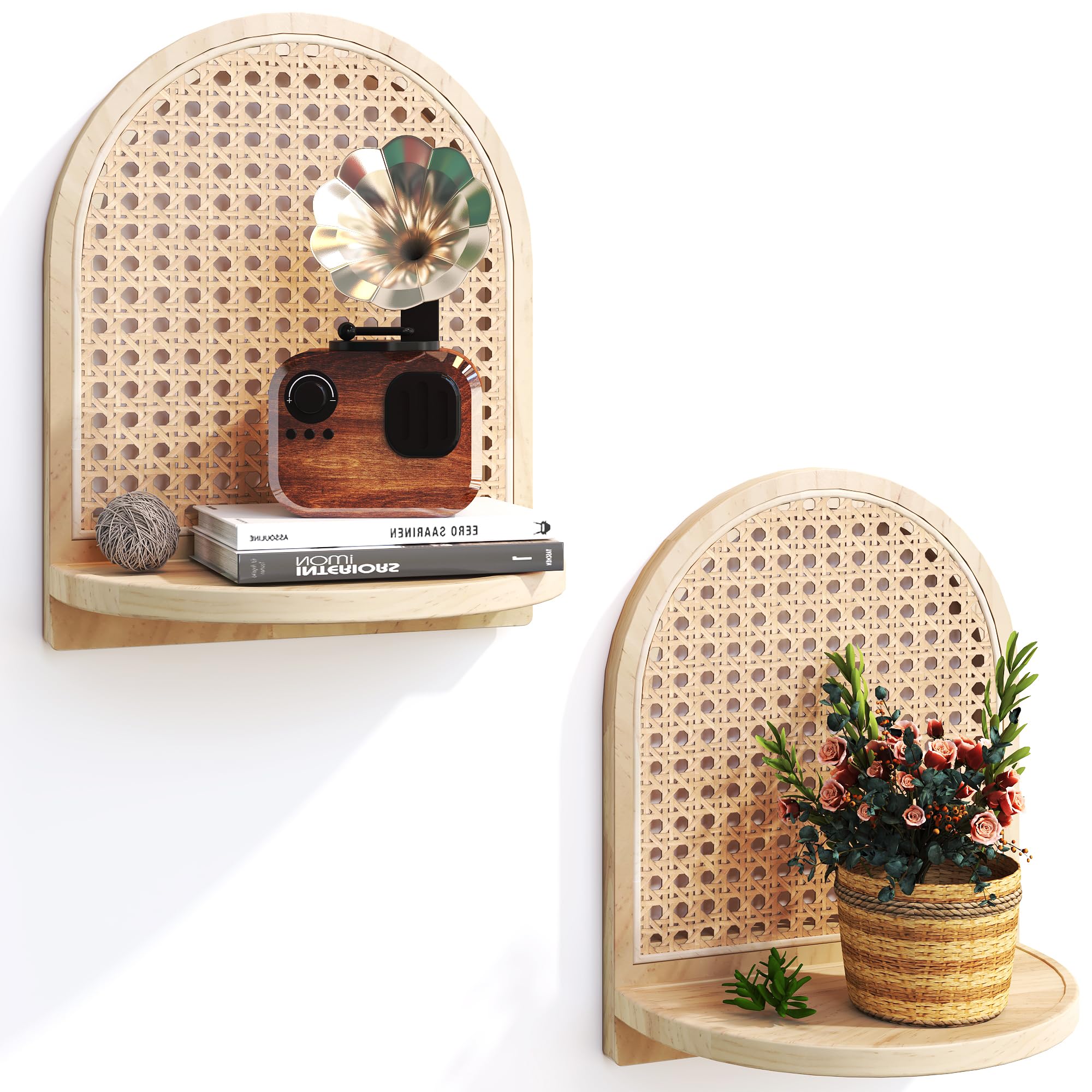 2Pcs Boho Rattan Floating Wall Shelves for Display & Storage