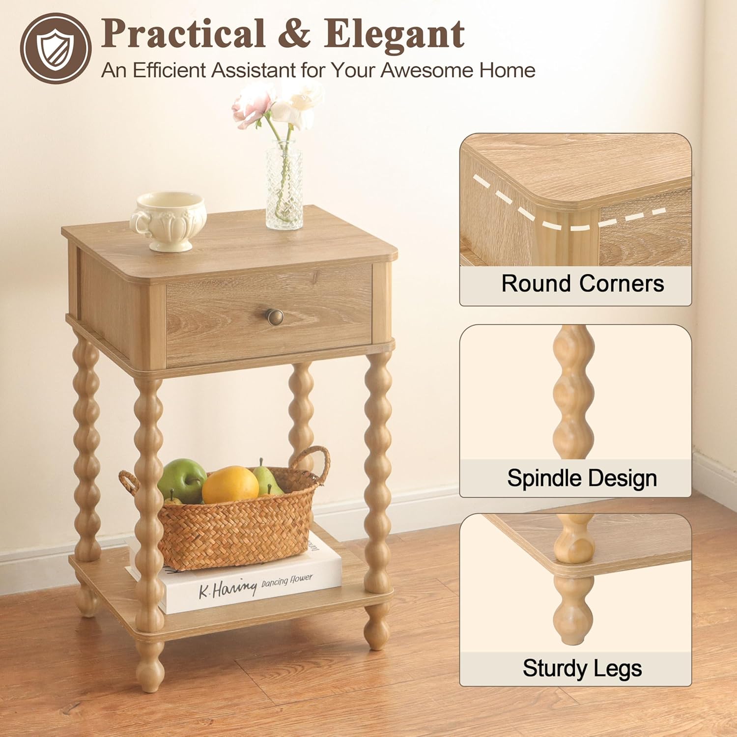 AWASEN Night Stand, Wood End Table with Drawer for Living Room, Small Bedside Side Table with Spindle Wood Legs for Bedroom, Office, Rustic Walnut
