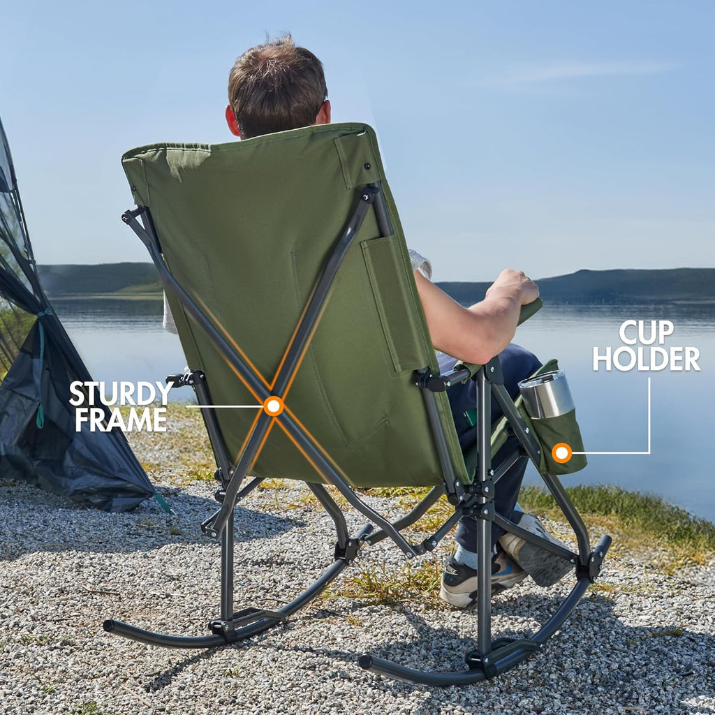 Portal Oversized Folding Rocking Camping Chair Portable Outdoor Rocker with High Back Hard Armrests Carry Bag, Supports 400 lbs