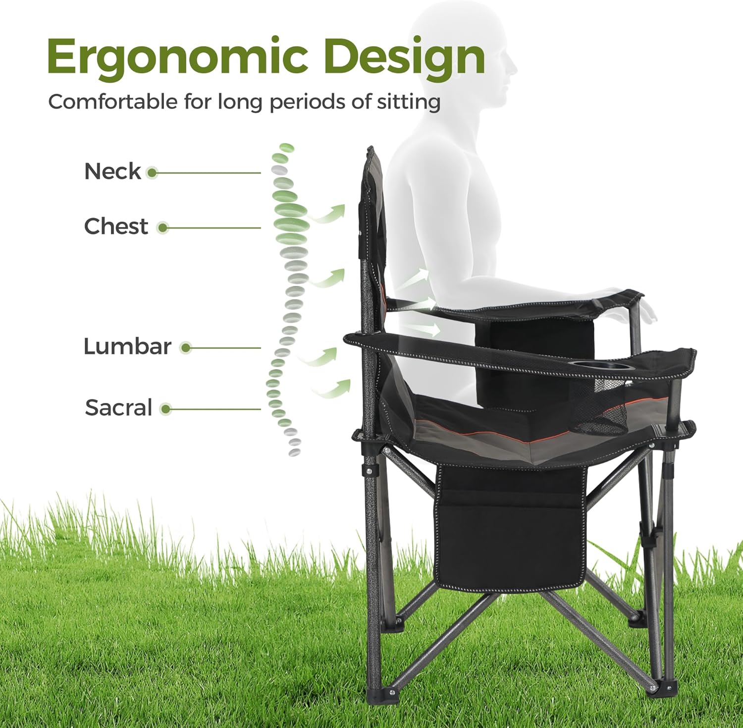 500LBS Oversized Folding Camping Chair with Cooler Bag & Cup Holder